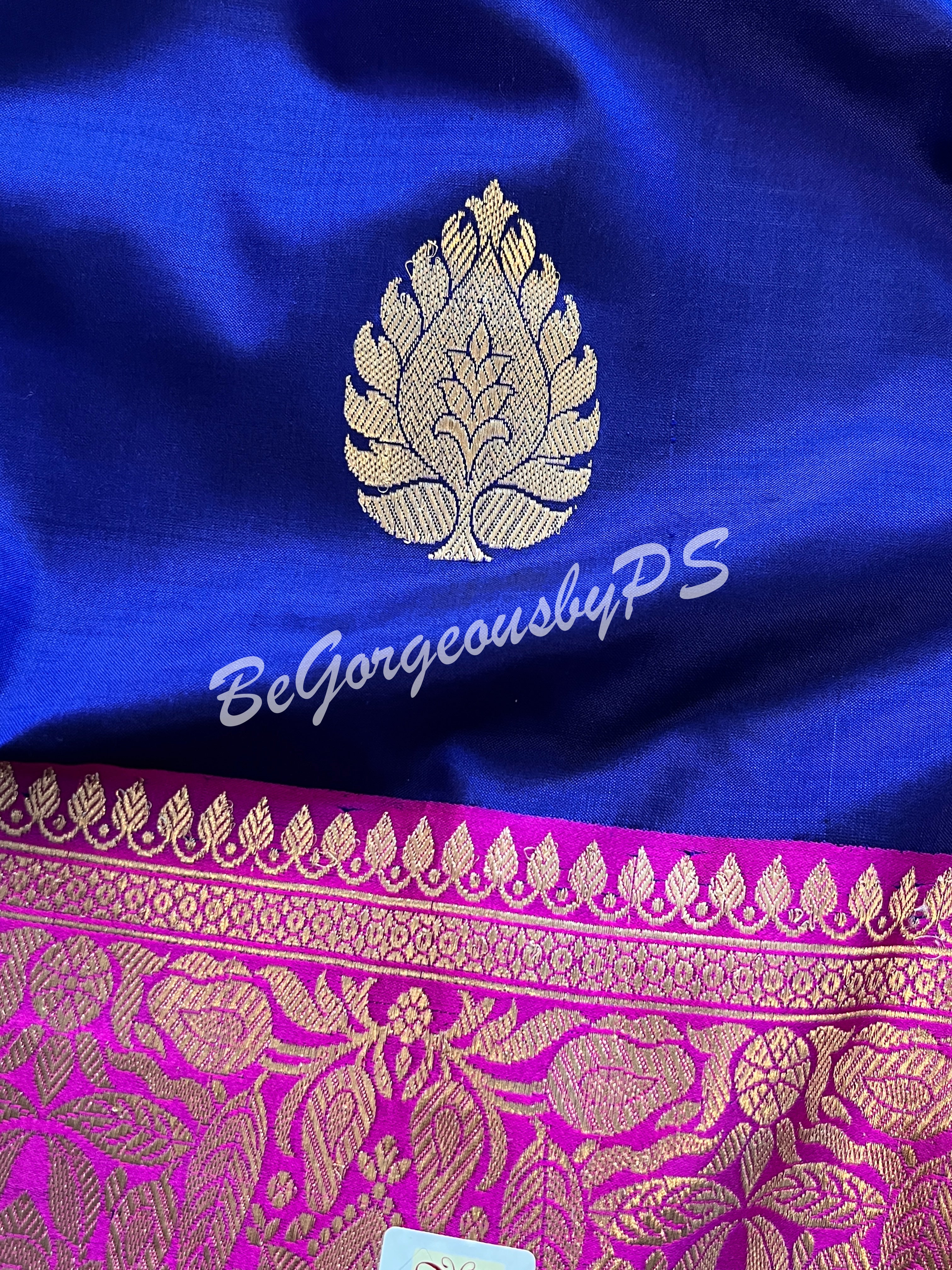 Banarasi Katan Silk silkmark certified with stitched blouse - blue pink