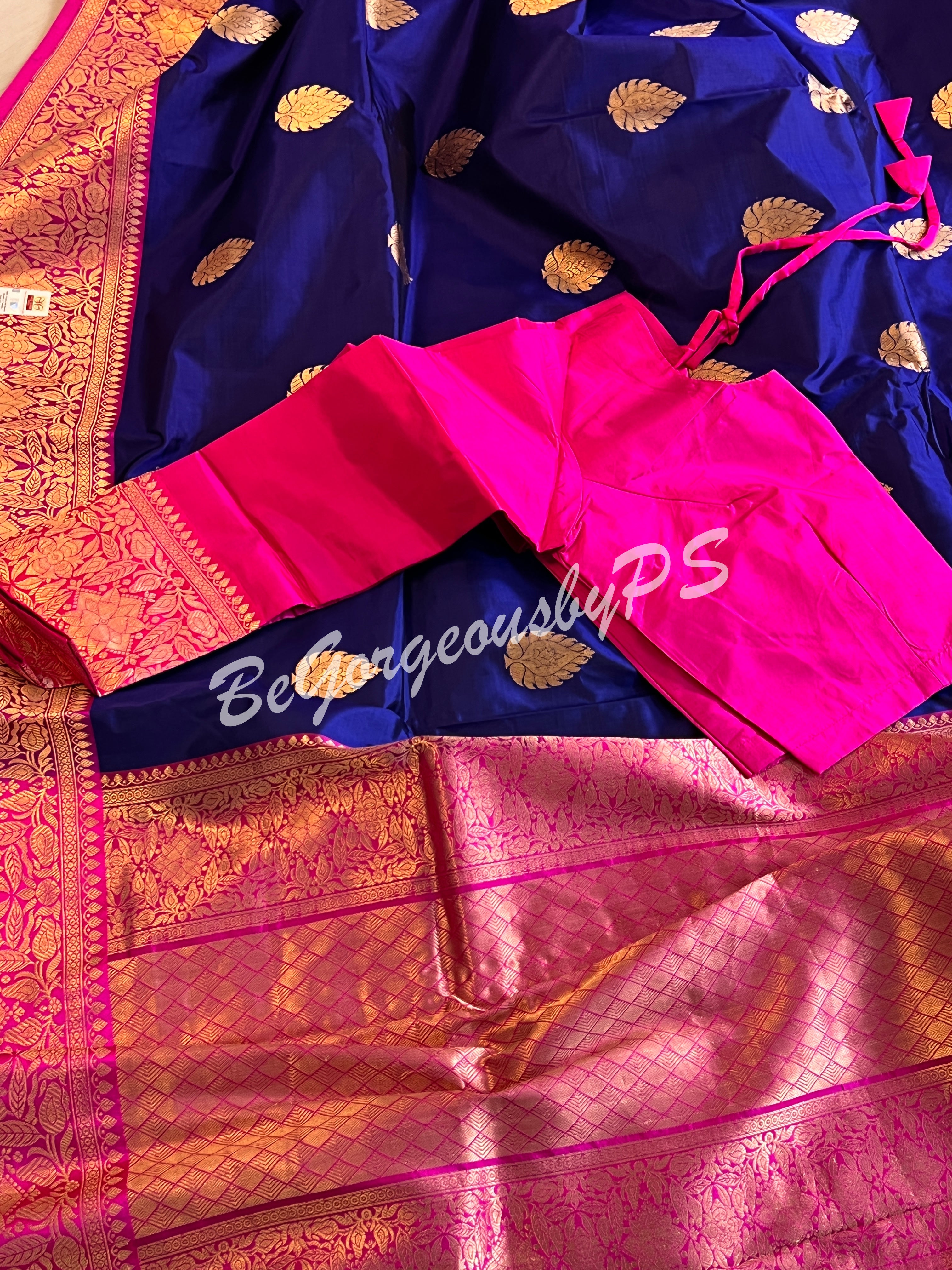 Banarasi Katan Silk silkmark certified with stitched blouse - blue pink