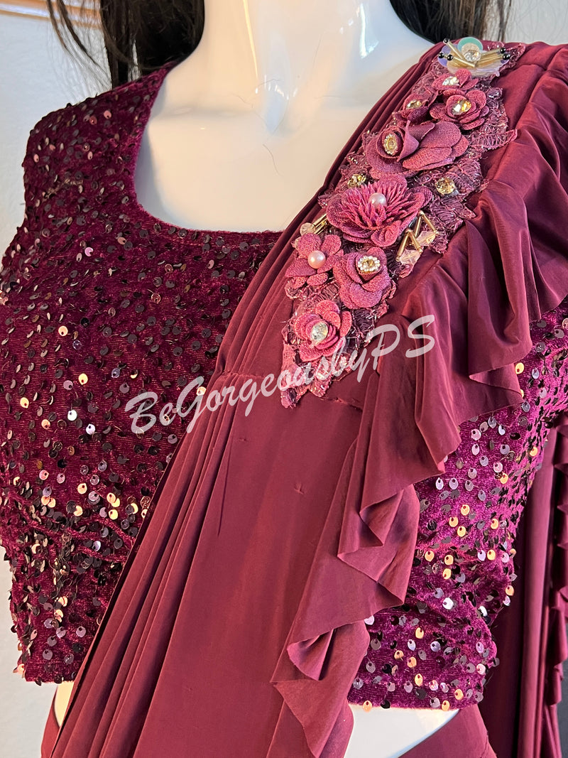 STITCHED SAREE SEQUENCE BLOUSE WINE