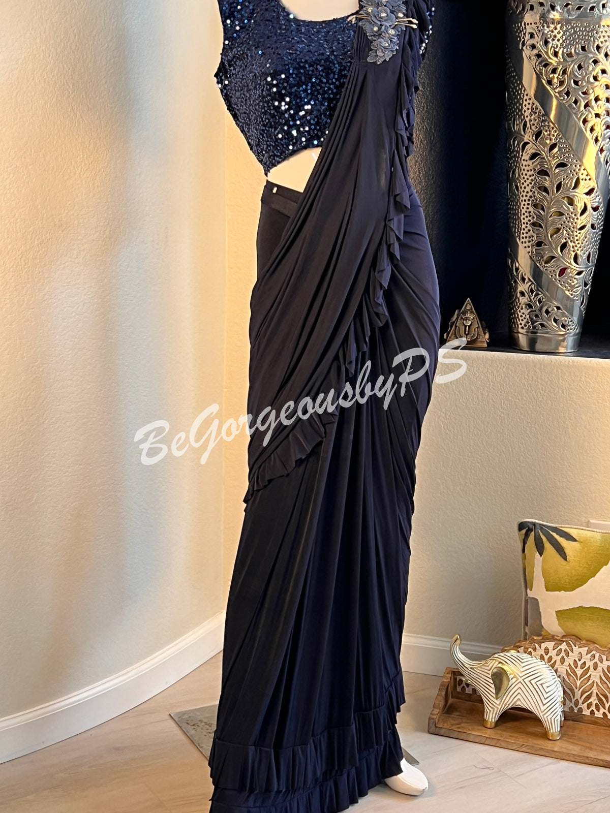 STITCHED SAREE SEQUENCE BLOUSE NAVY BLUE