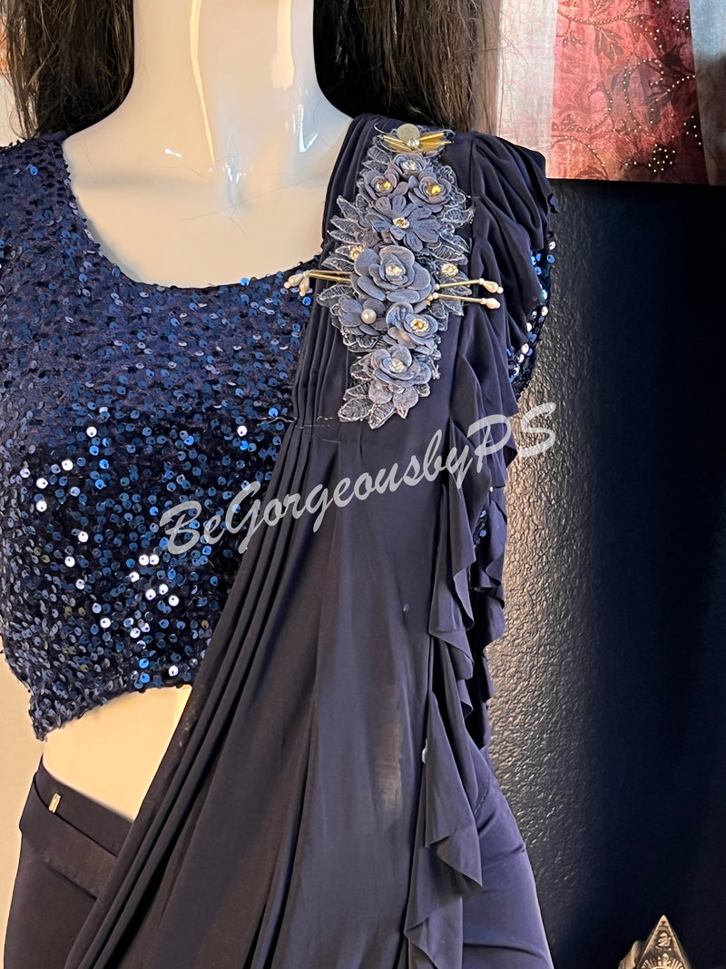 STITCHED SAREE SEQUENCE BLOUSE NAVY BLUE