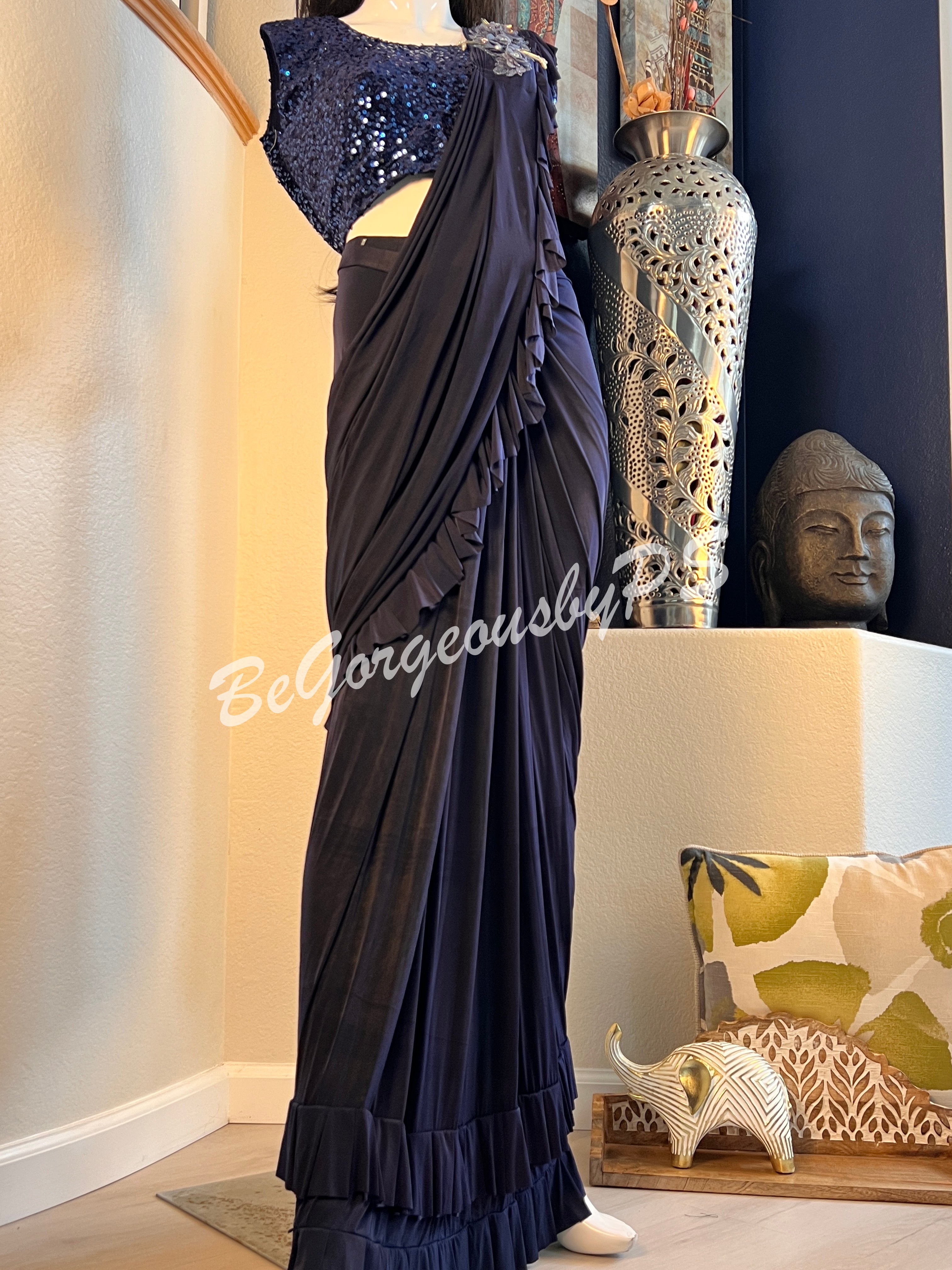 STITCHED SAREE SEQUENCE BLOUSE NAVY BLUE