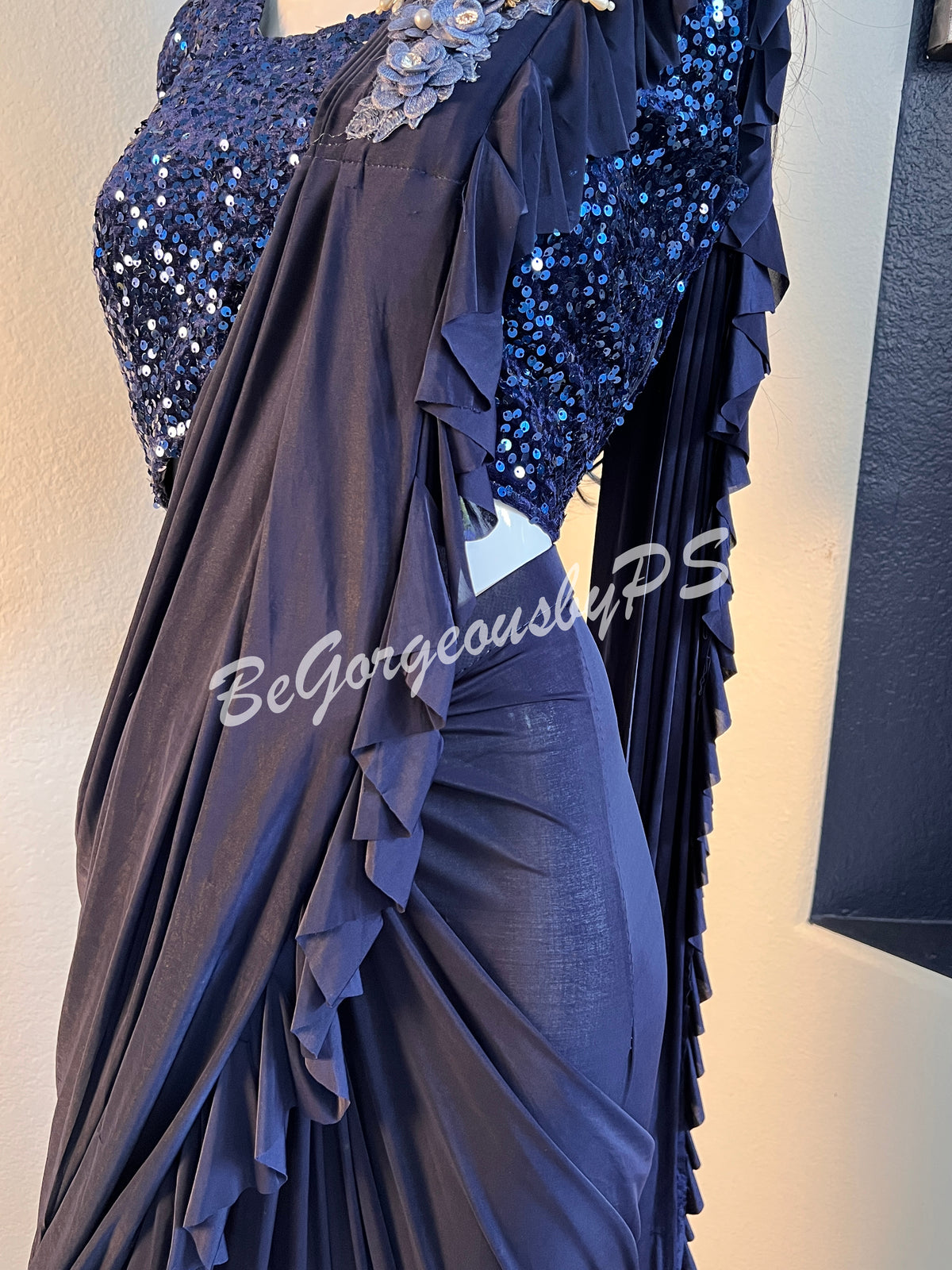 STITCHED SAREE SEQUENCE BLOUSE NAVY BLUE