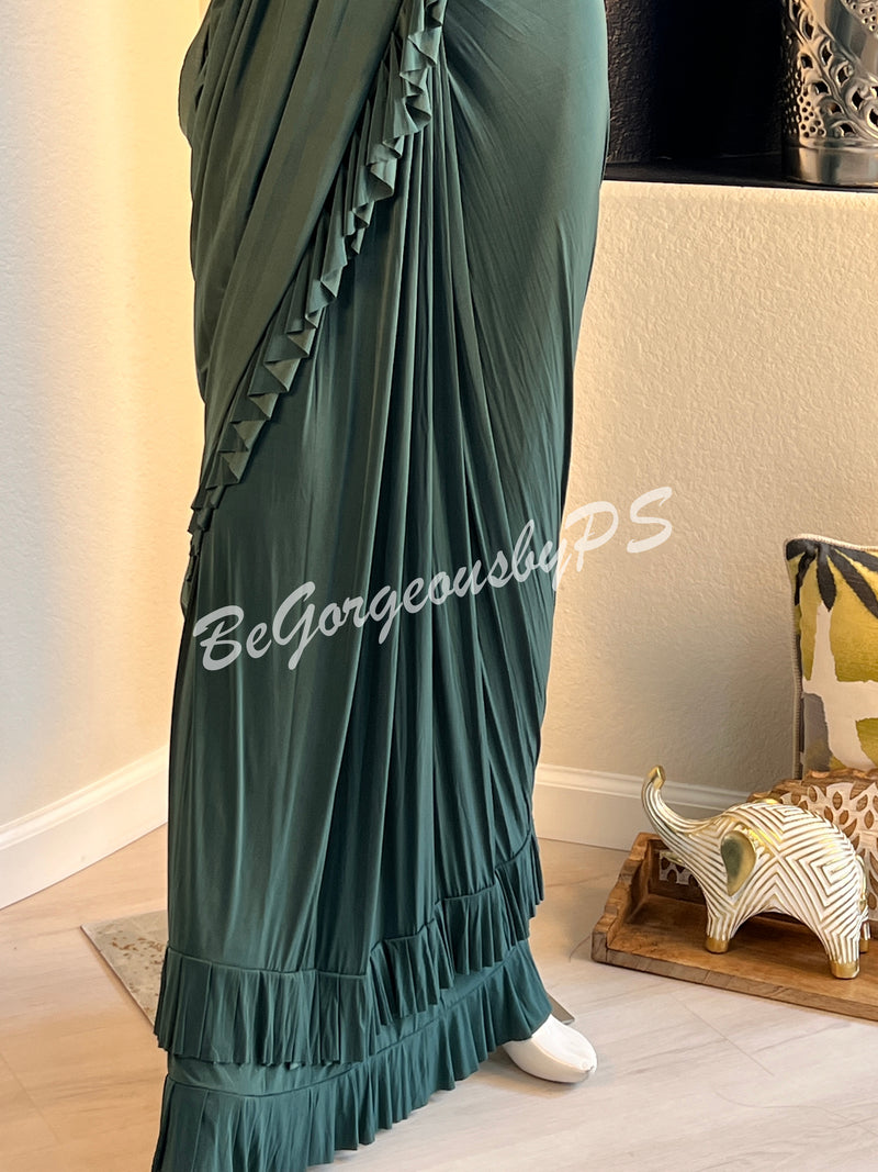 STITCHED SAREE SEQUENCE BLOUSE BOTTLE GREEN
