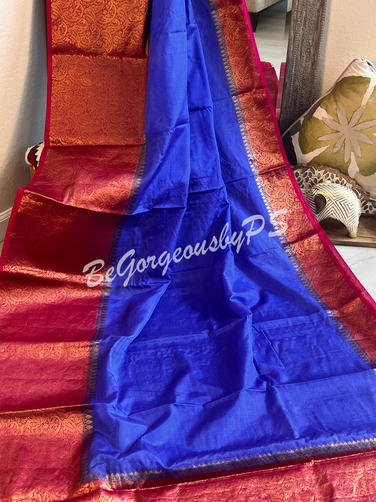 Dupion Silk banarasi woven saree Royal Blue with stitched blouse