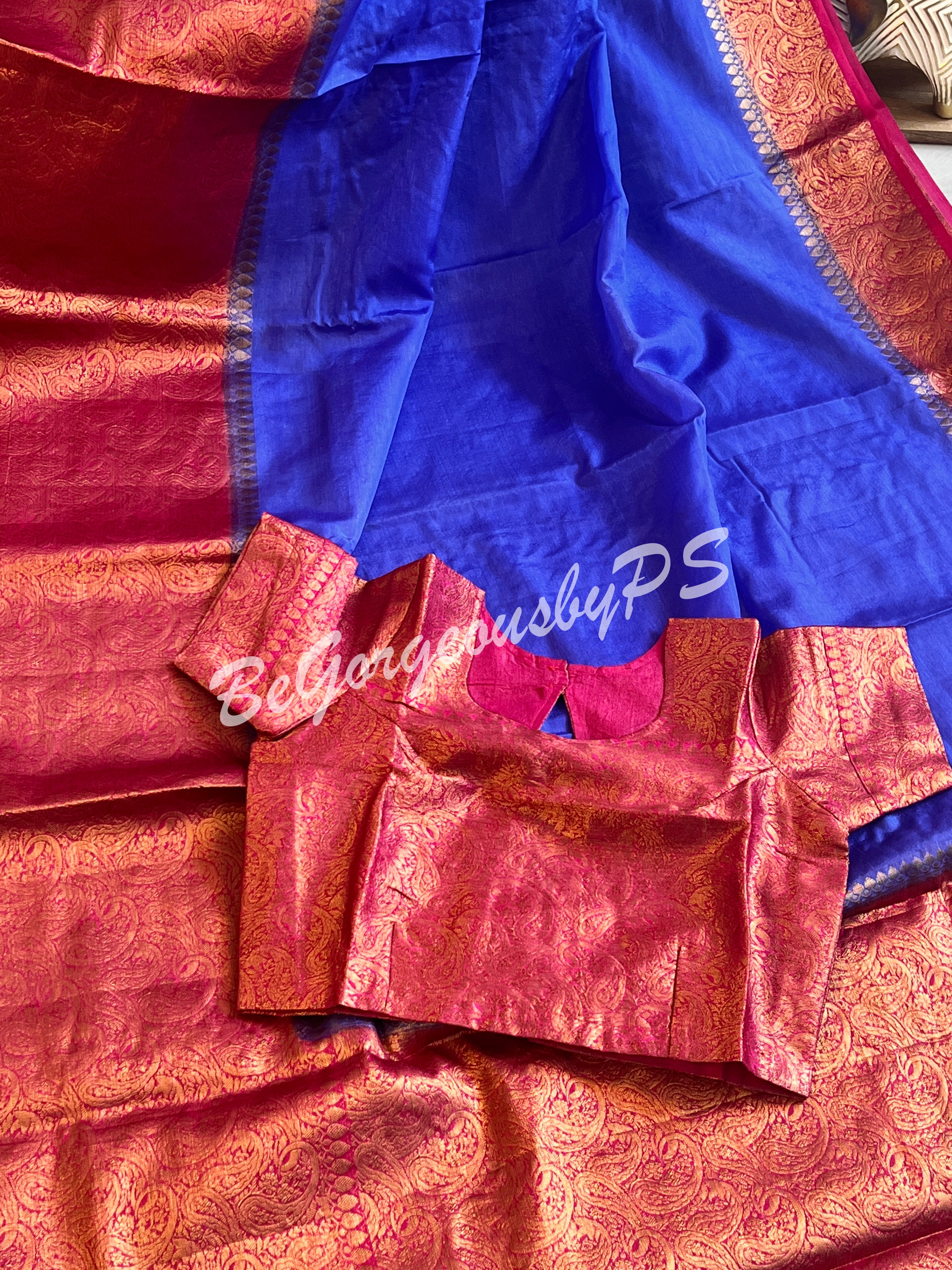 Dupion Silk banarasi woven saree Royal Blue with stitched blouse