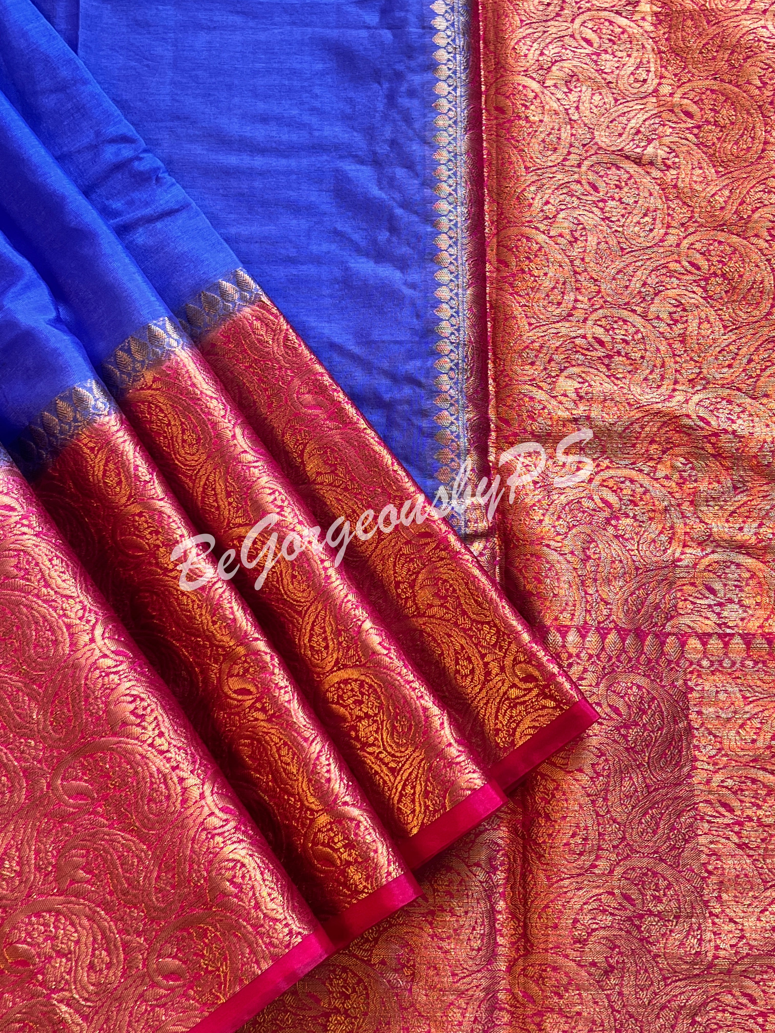 Dupion Silk banarasi woven saree Royal Blue with stitched blouse