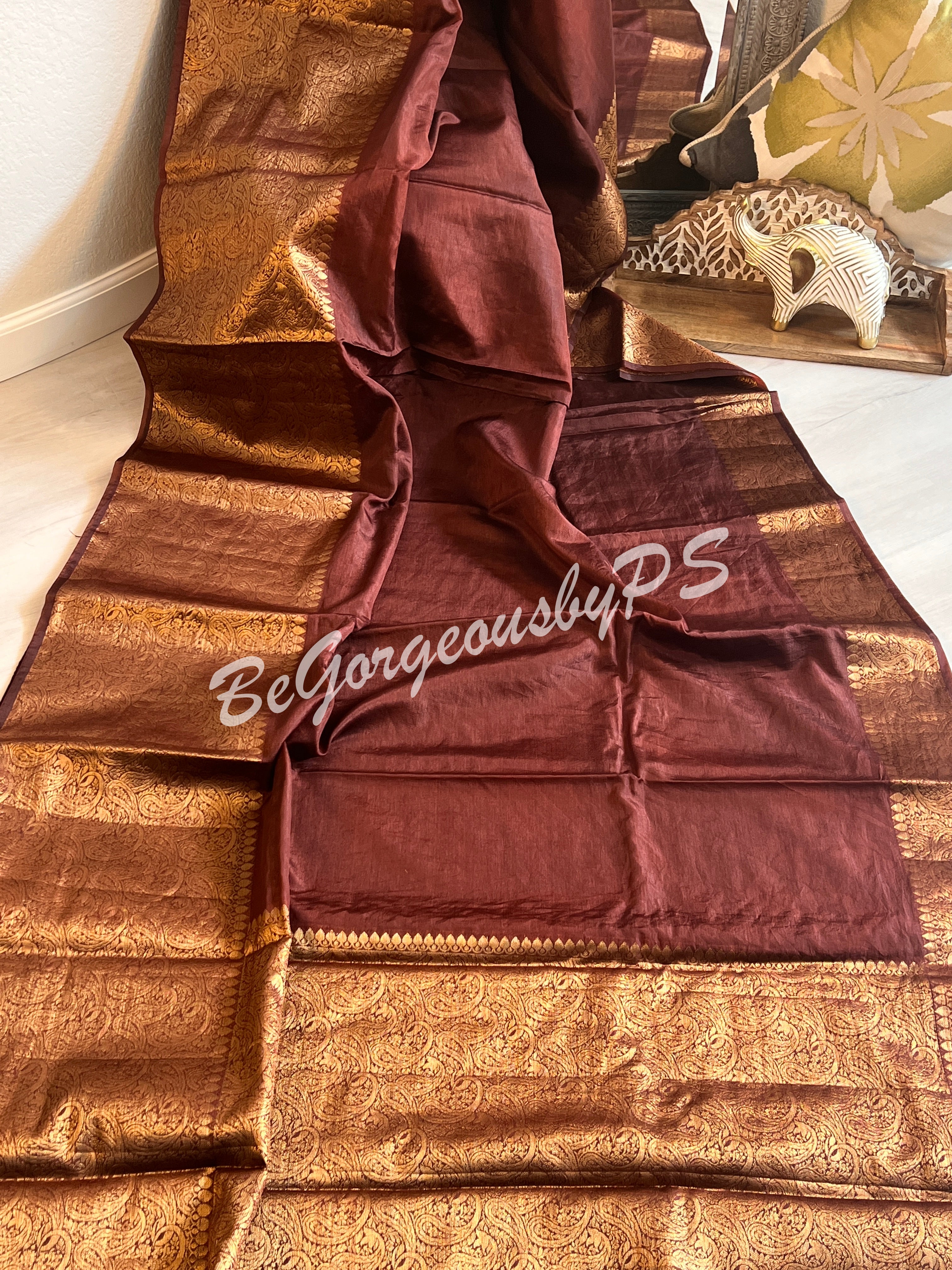 Dupion Silk banarasi woven saree Brown with stitched blouse