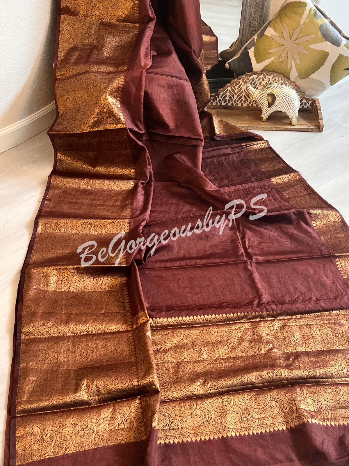 Dupion Silk banarasi woven saree Brown with stitched blouse