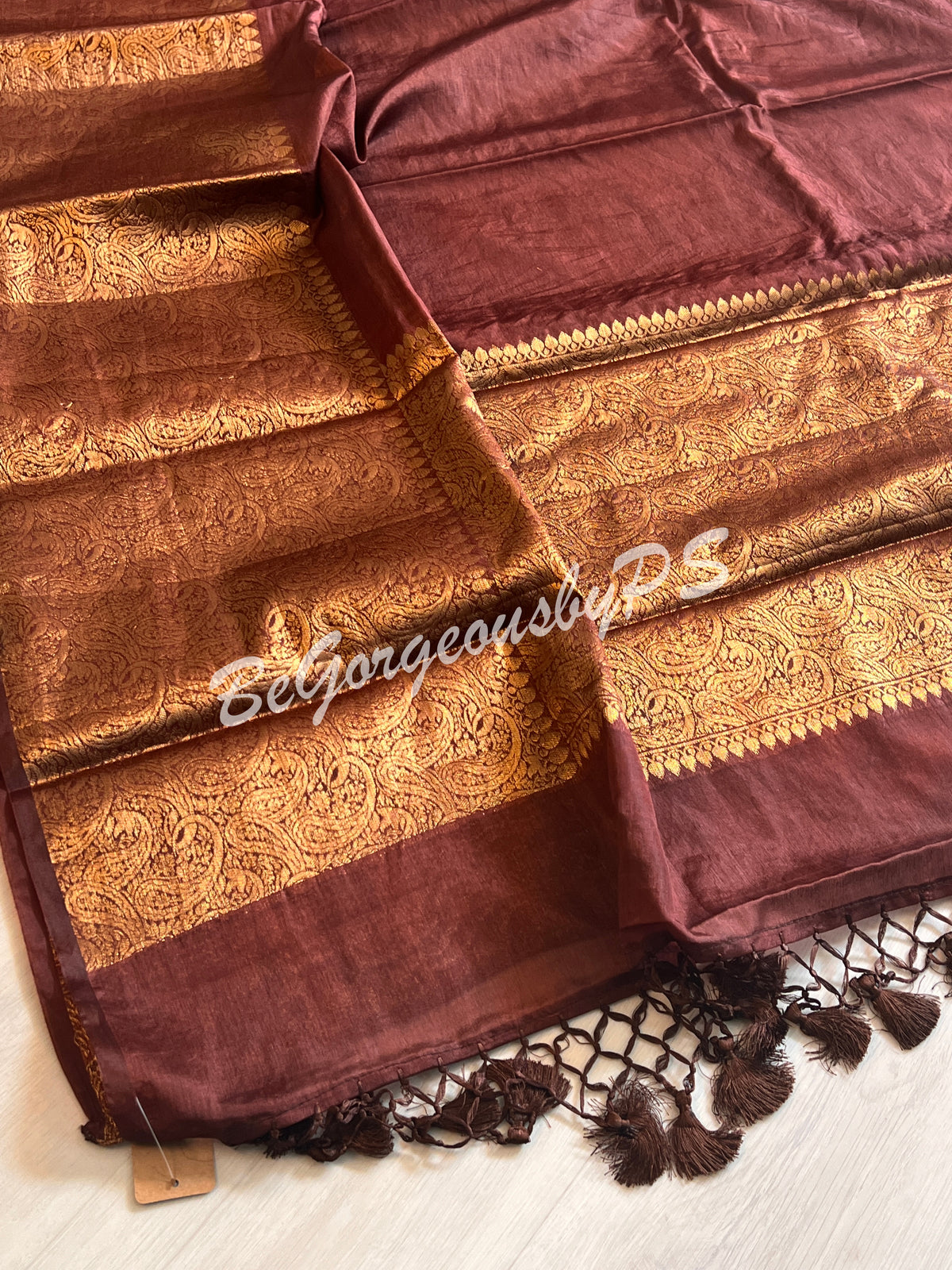 Dupion Silk banarasi woven saree Brown with stitched blouse