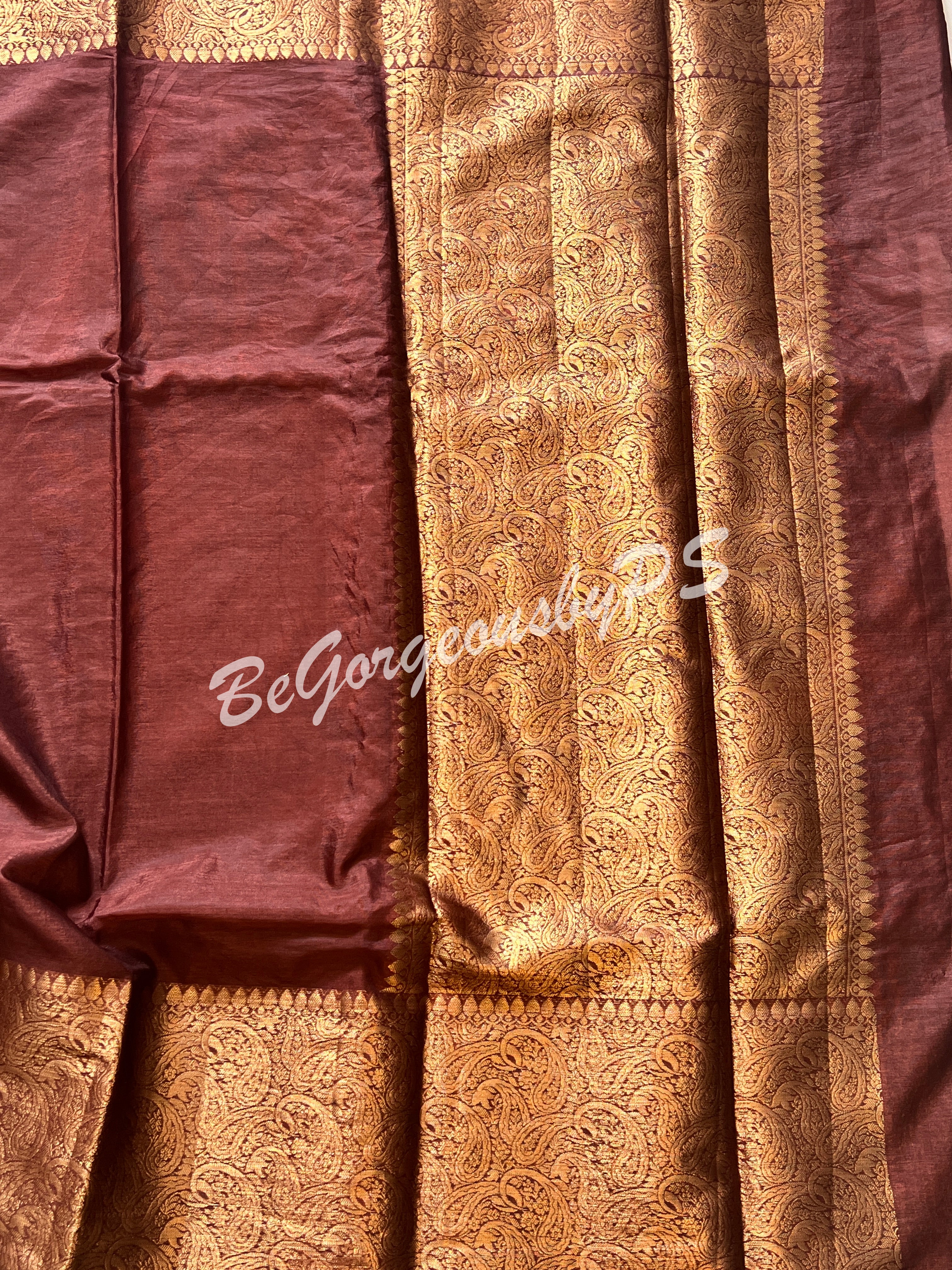 Dupion Silk banarasi woven saree Brown with stitched blouse