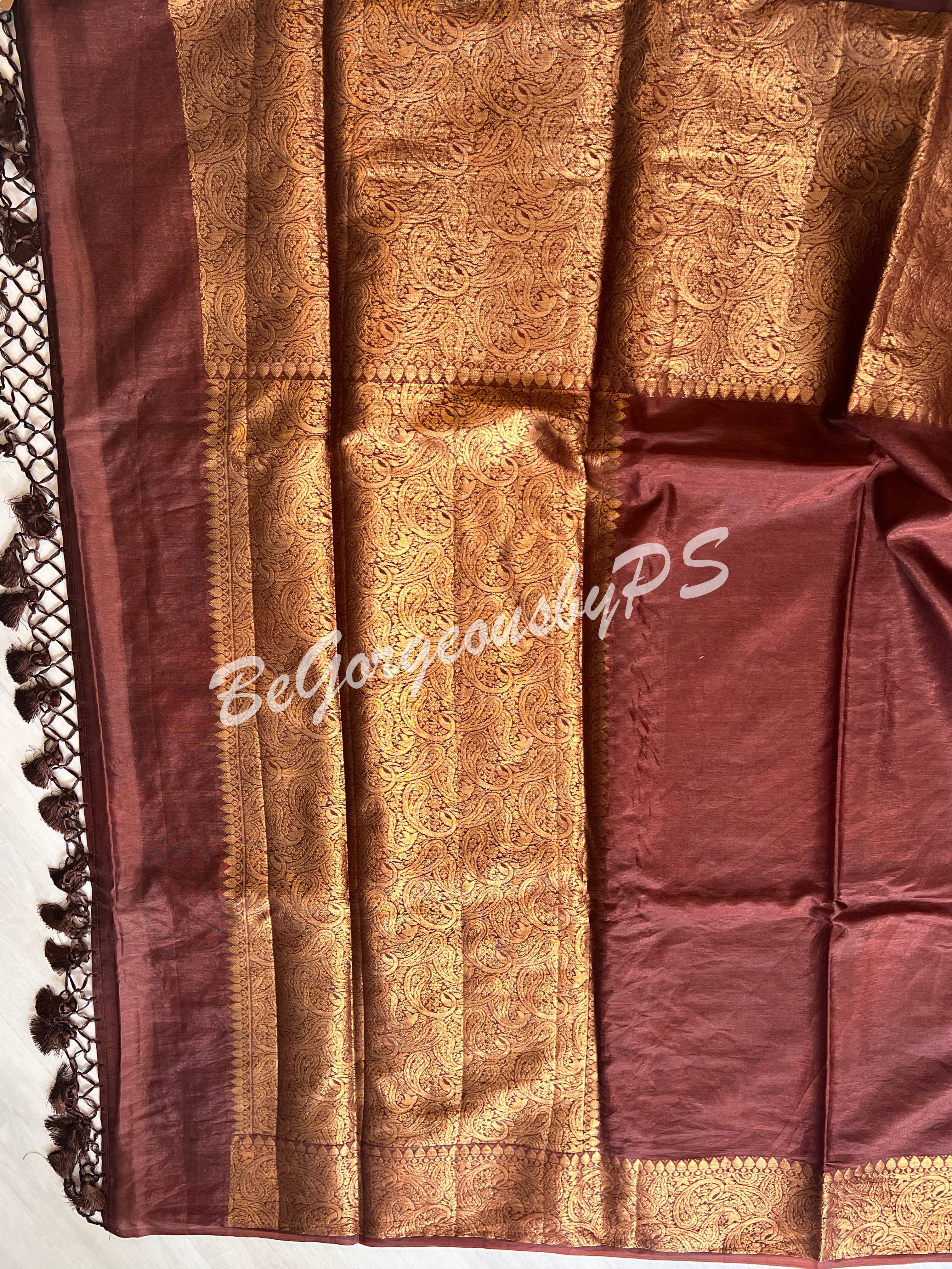 Dupion Silk banarasi woven saree Brown with stitched blouse