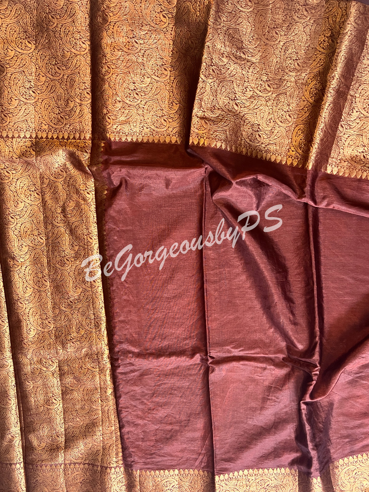 Dupion Silk banarasi woven saree Brown with stitched blouse