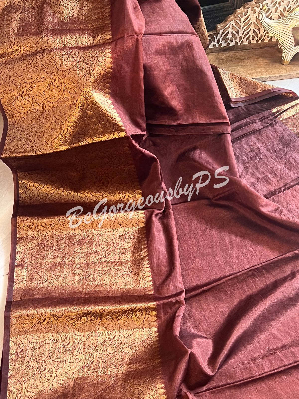 Dupion Silk banarasi woven saree Brown with stitched blouse