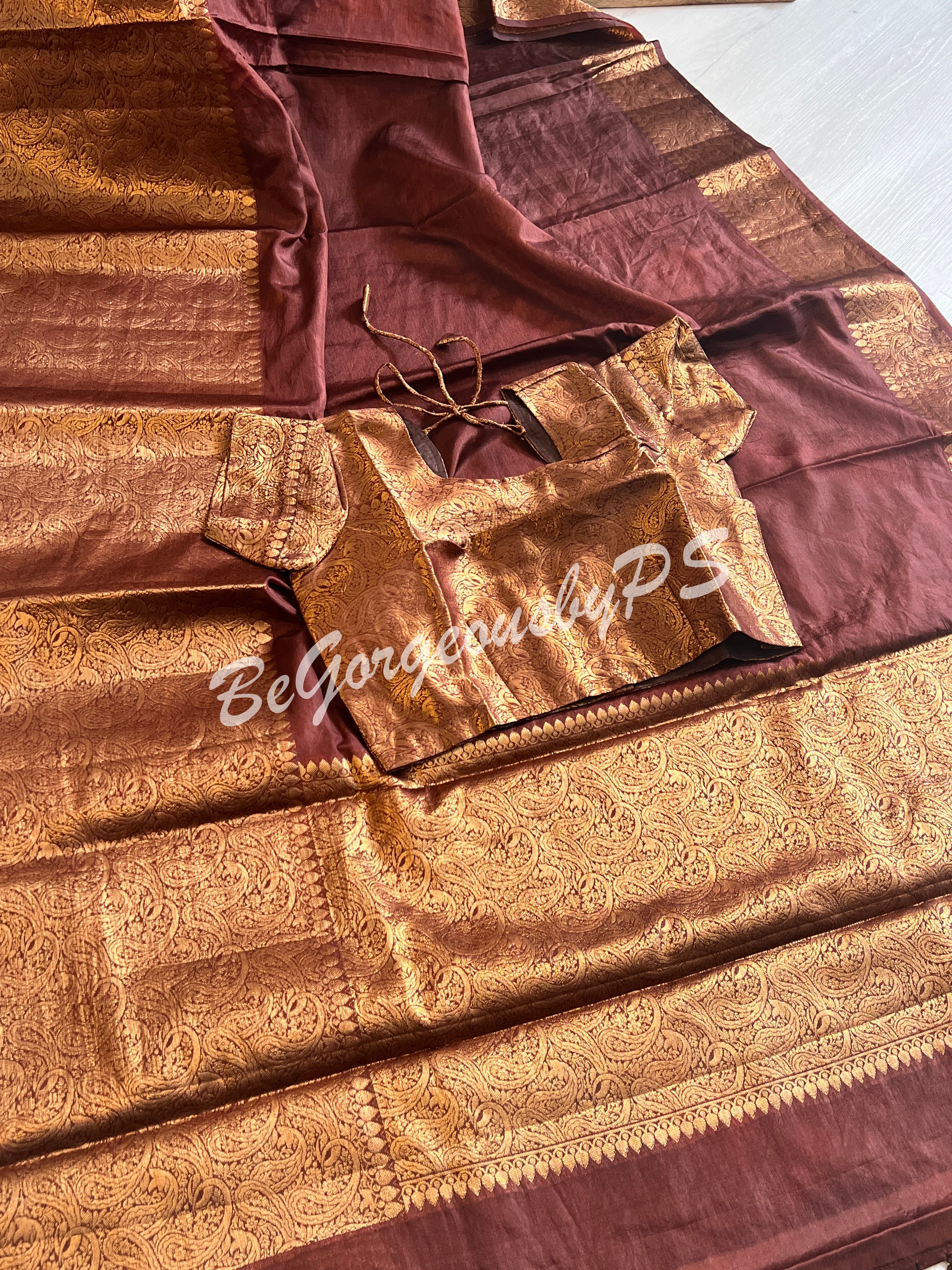 Dupion Silk banarasi woven saree Brown with stitched blouse