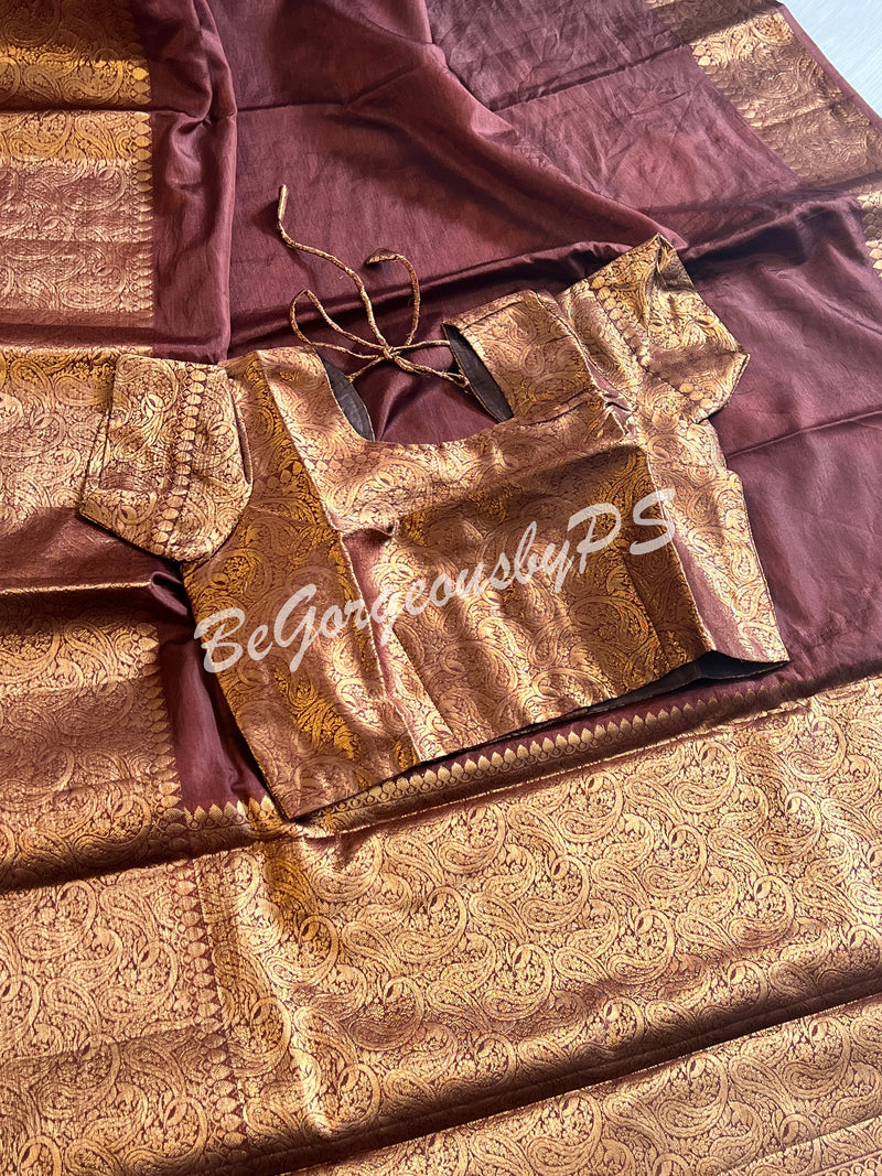 Dupion Silk banarasi woven saree Brown with stitched blouse