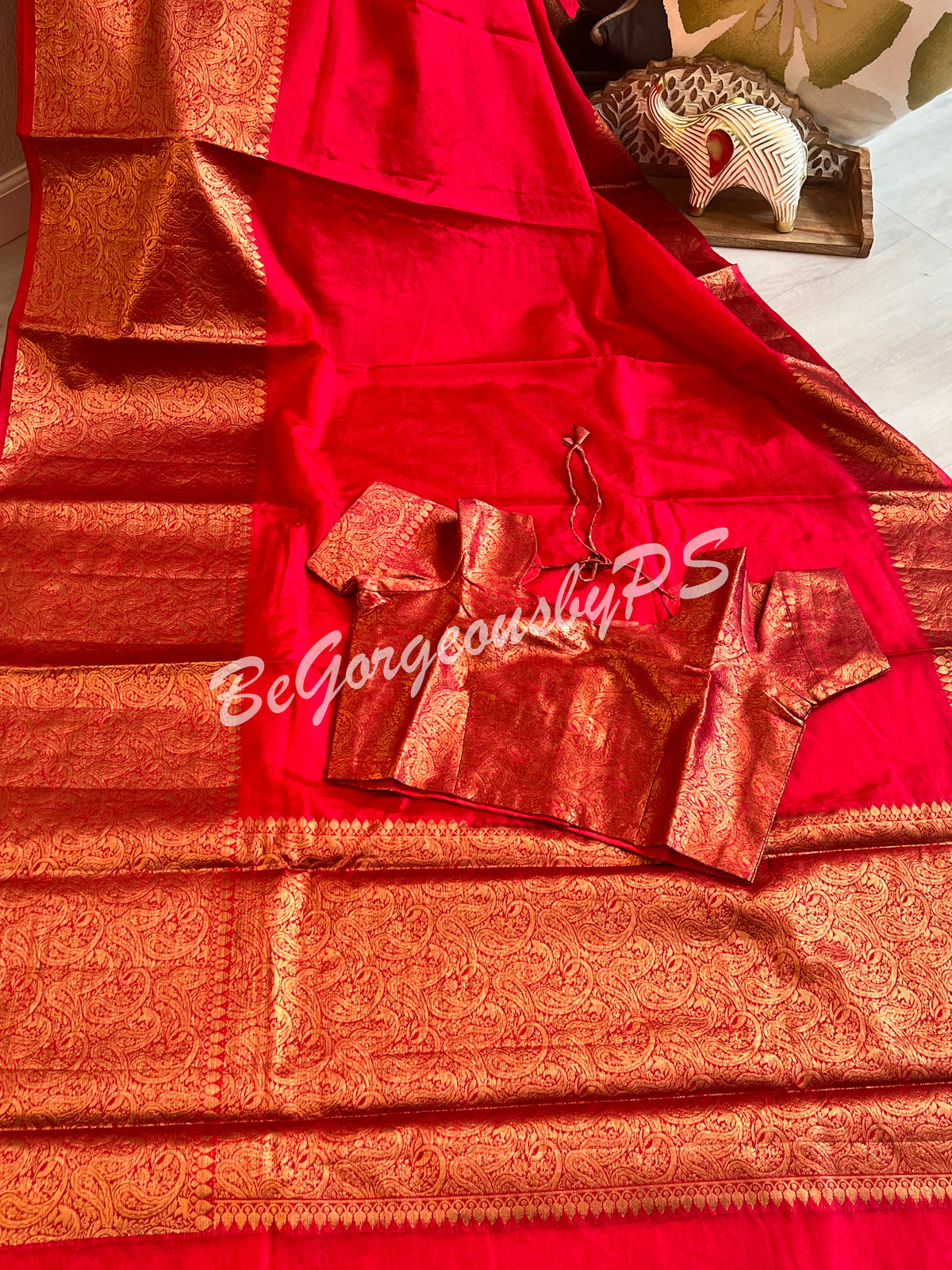 Dupion Silk banarasi woven saree Red with stitched blouse