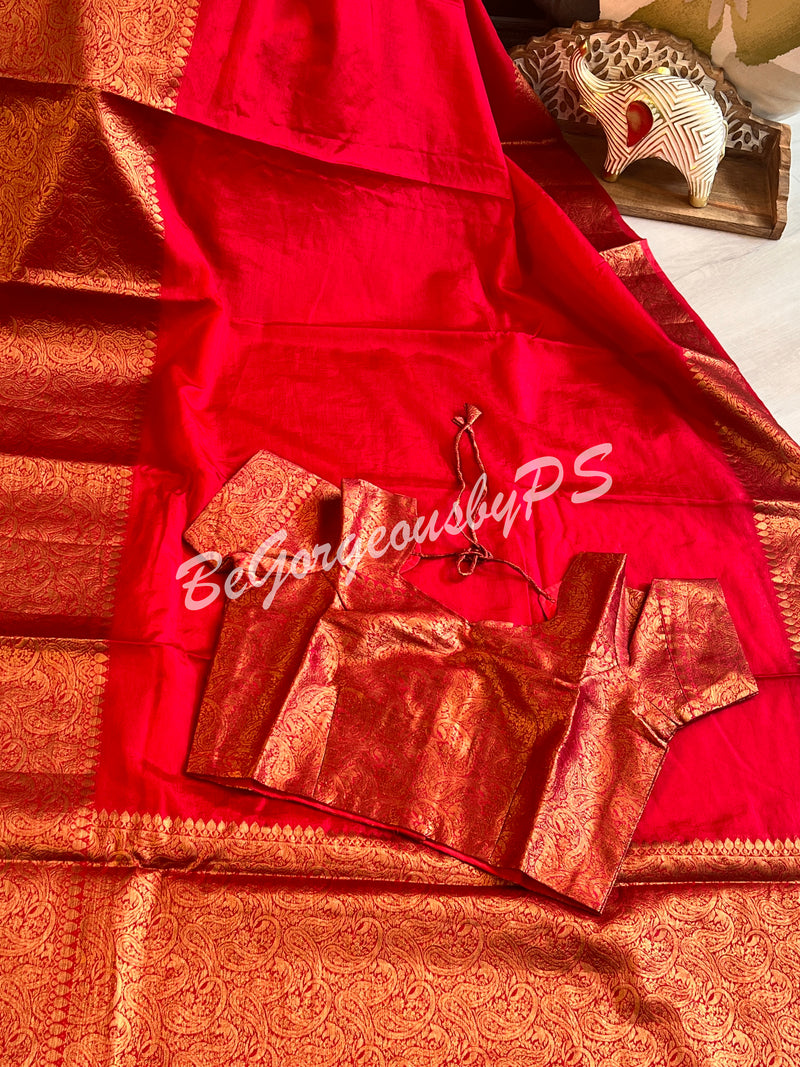 Dupion Silk banarasi woven saree Red with stitched blouse