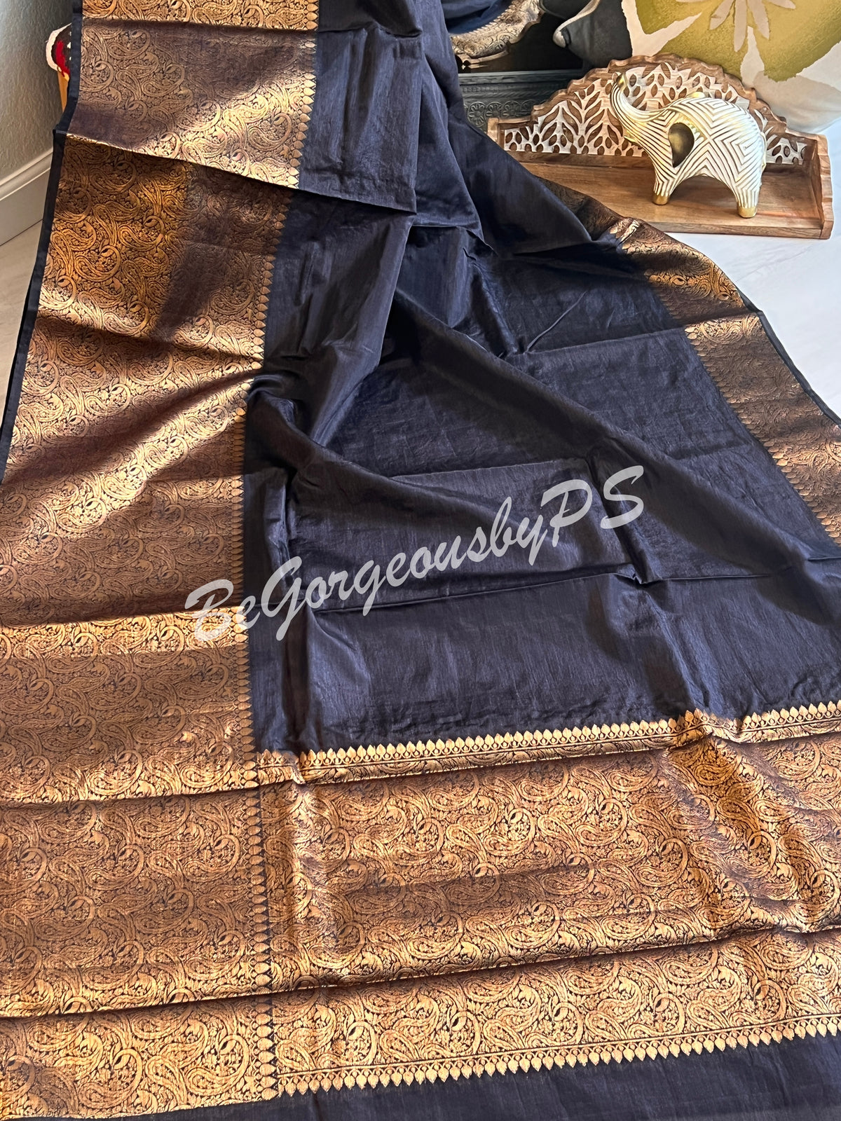 Dupion Silk banarasi woven saree Black with stitched blouse