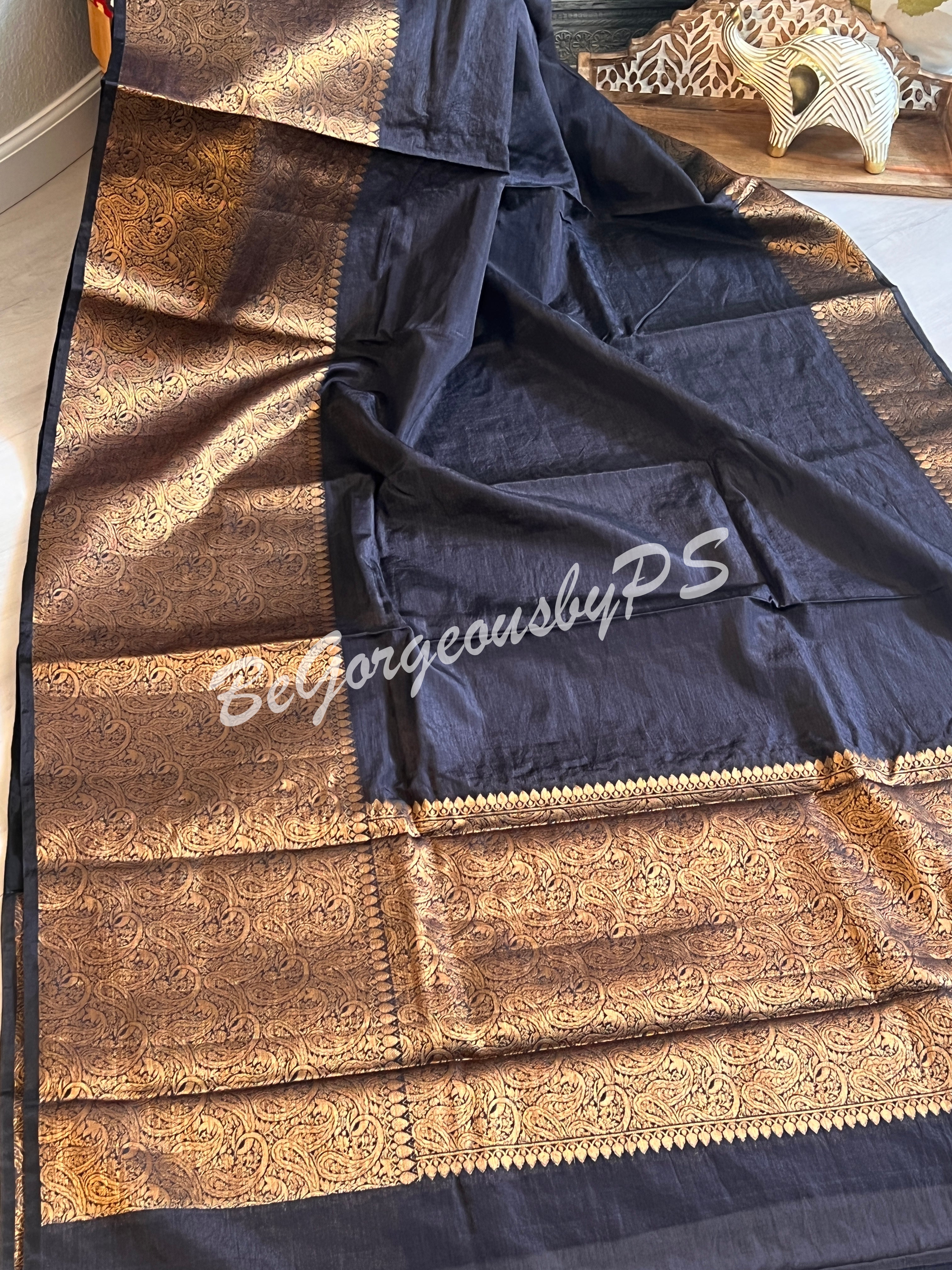 Dupion Silk banarasi woven saree Black with stitched blouse