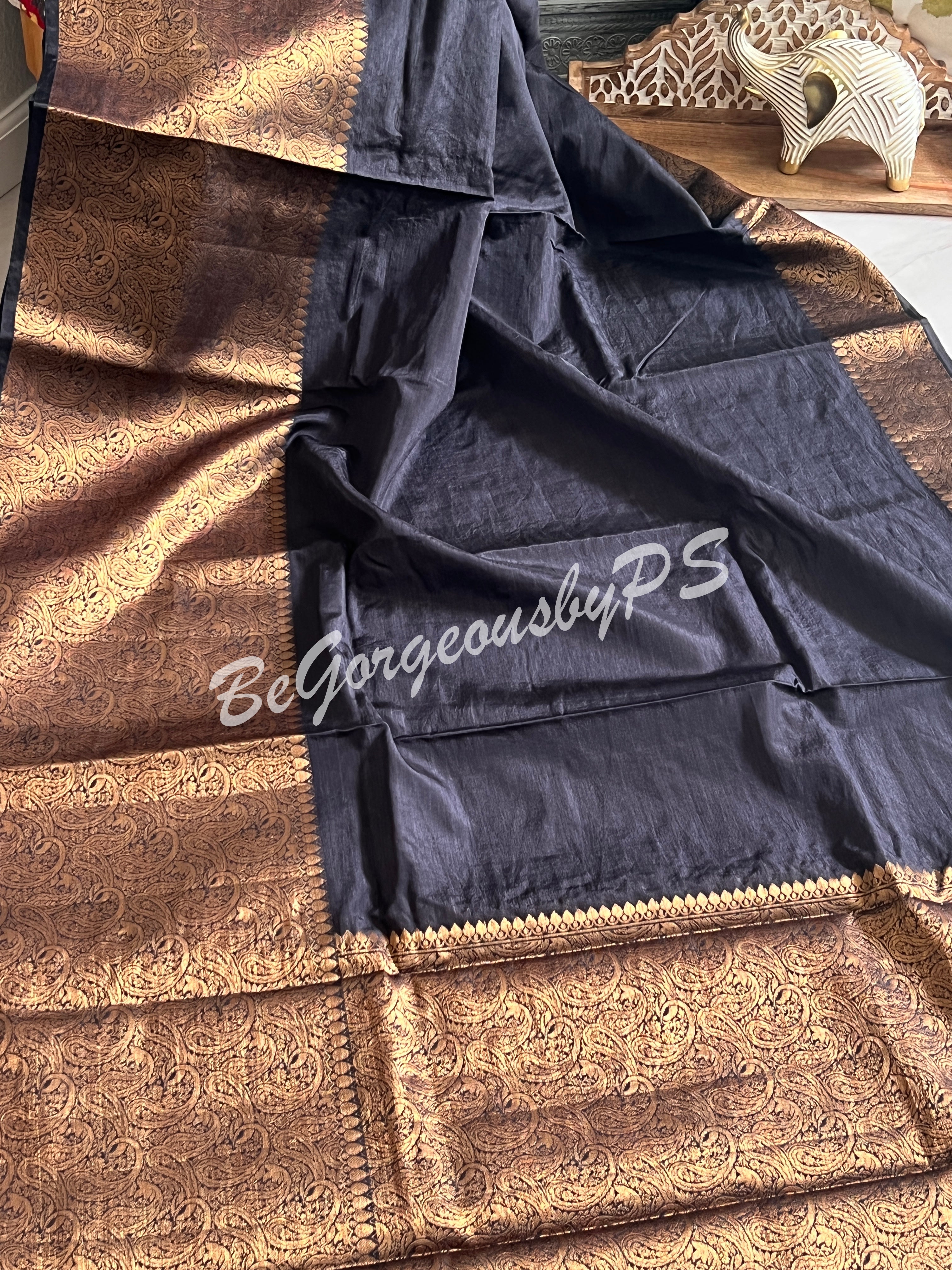 Dupion Silk banarasi woven saree Black with stitched blouse