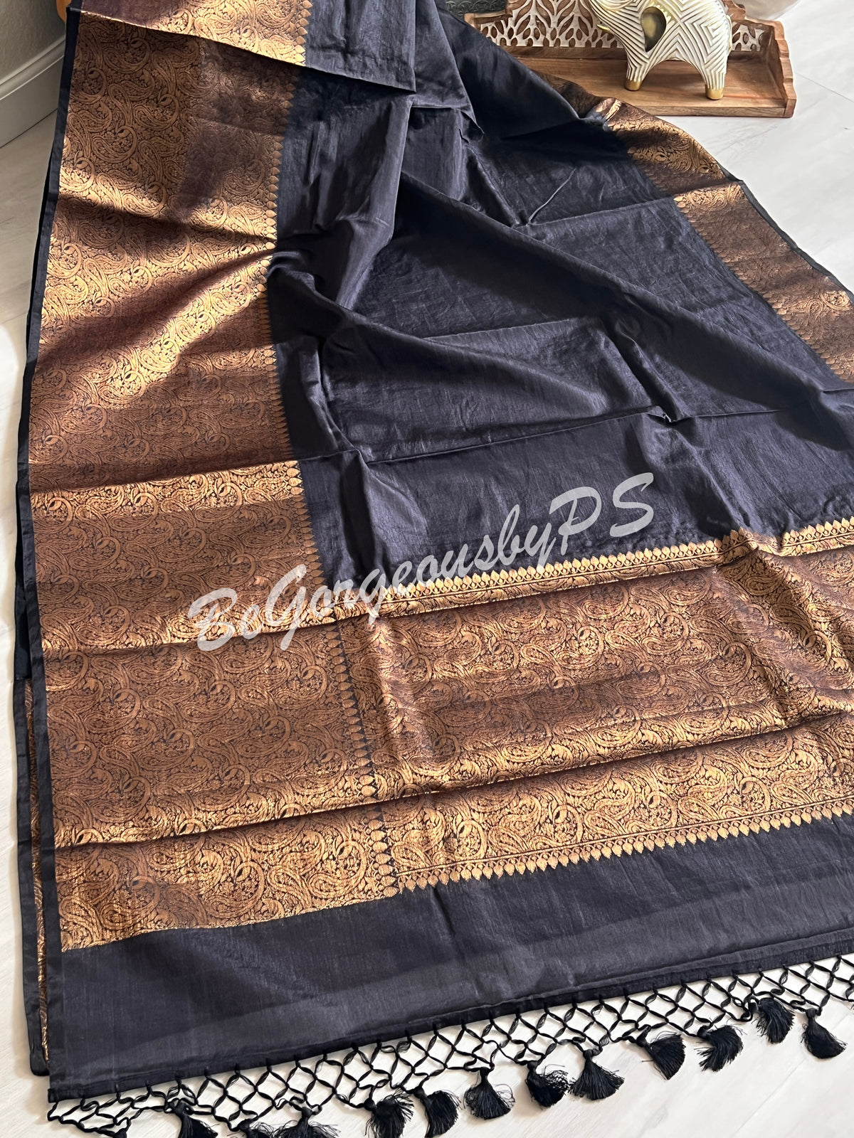 Dupion Silk banarasi woven saree Black with stitched blouse