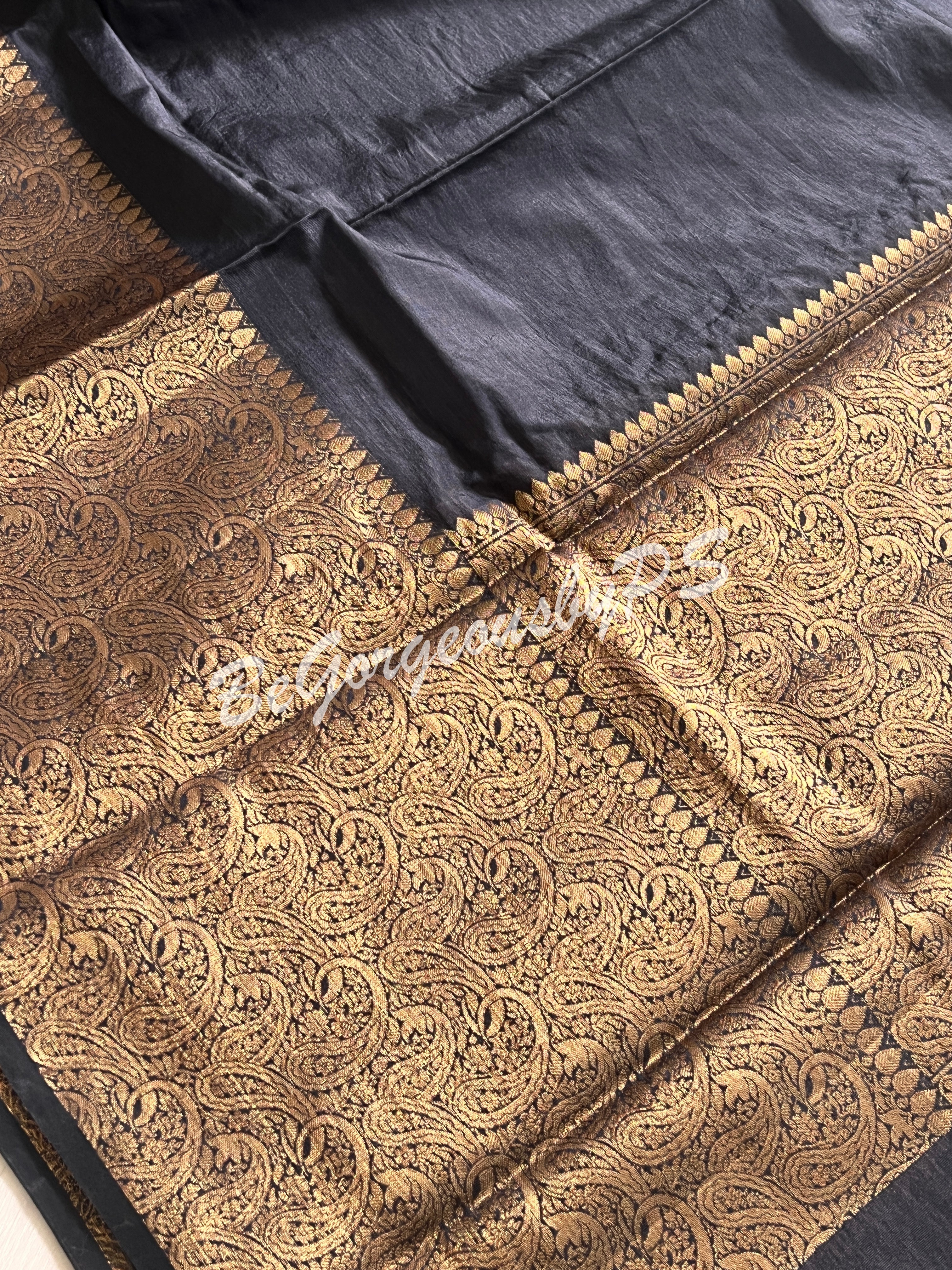 Dupion Silk banarasi woven saree Black with stitched blouse