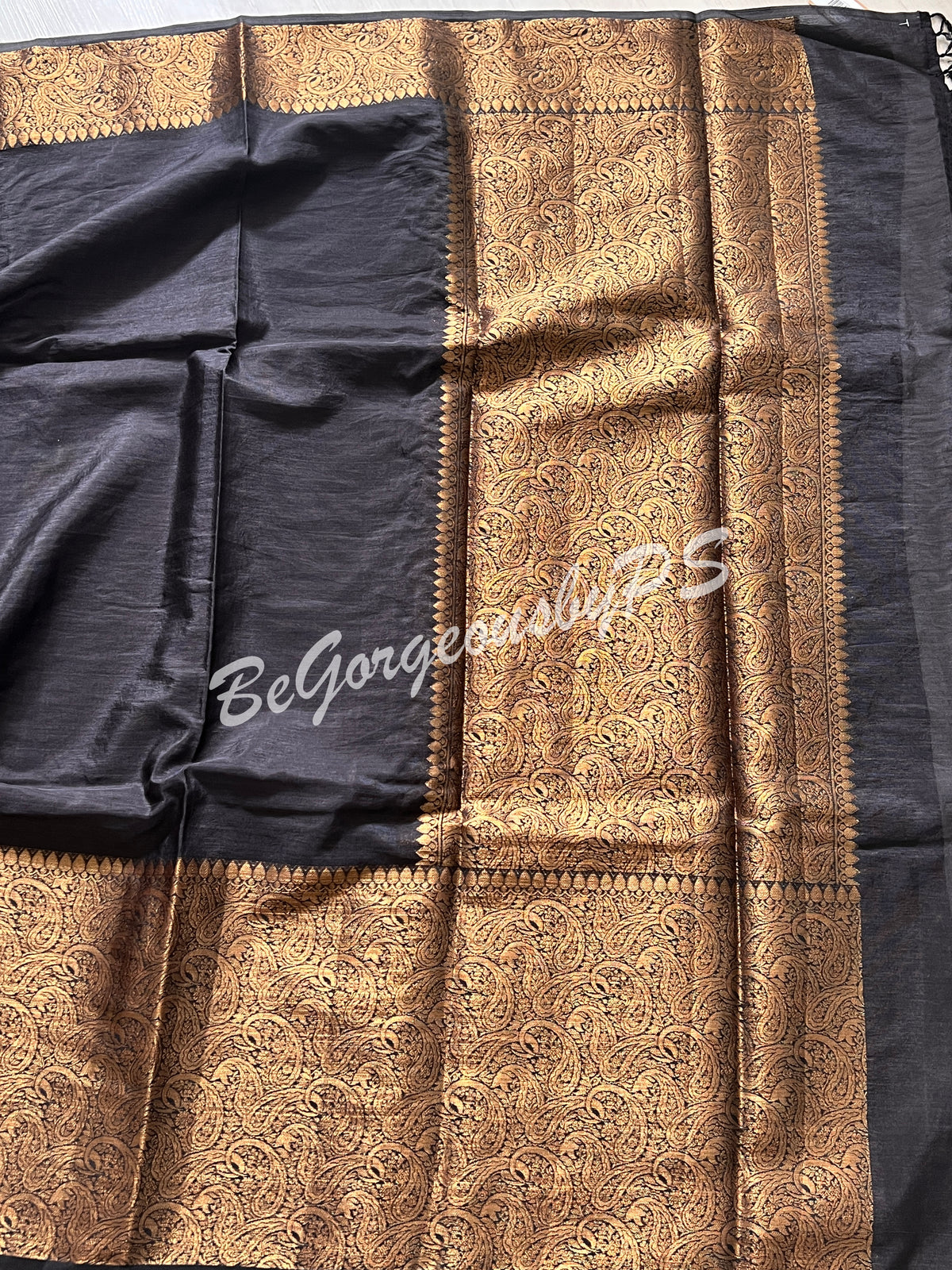 Dupion Silk banarasi woven saree Black with stitched blouse