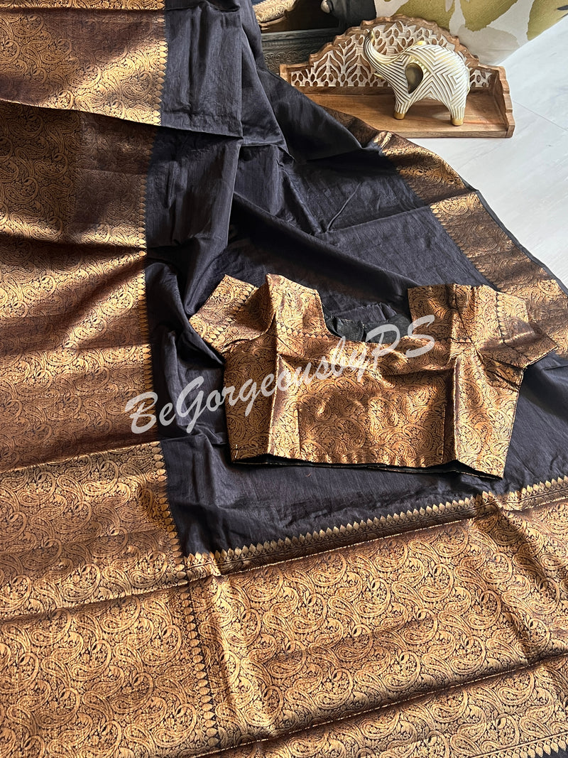 Dupion Silk banarasi woven saree Black with stitched blouse