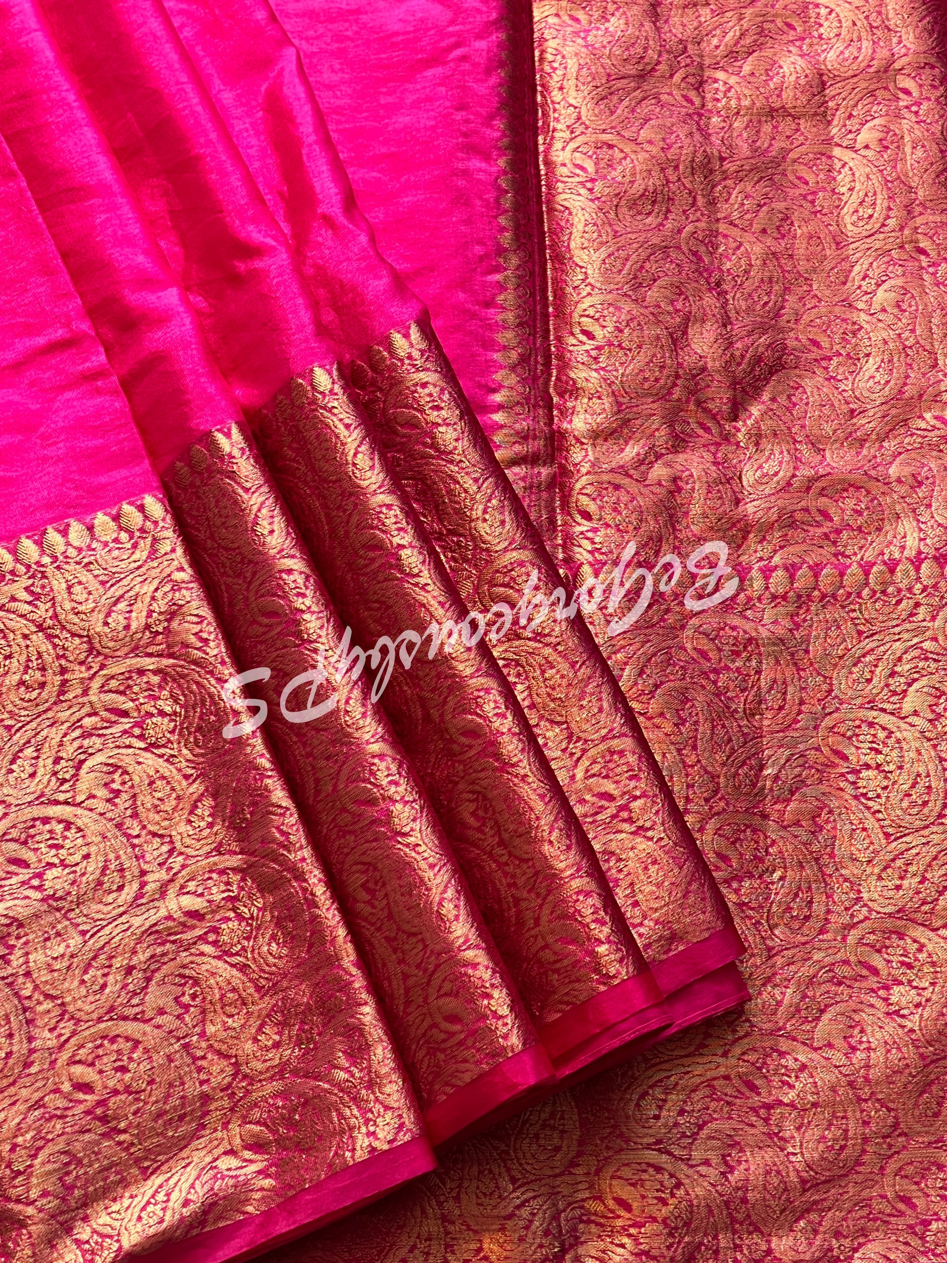 Dupion Silk banarasi woven saree Pink with stitched blouse