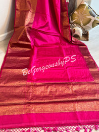 Dupion Silk banarasi woven saree Pink with stitched blouse