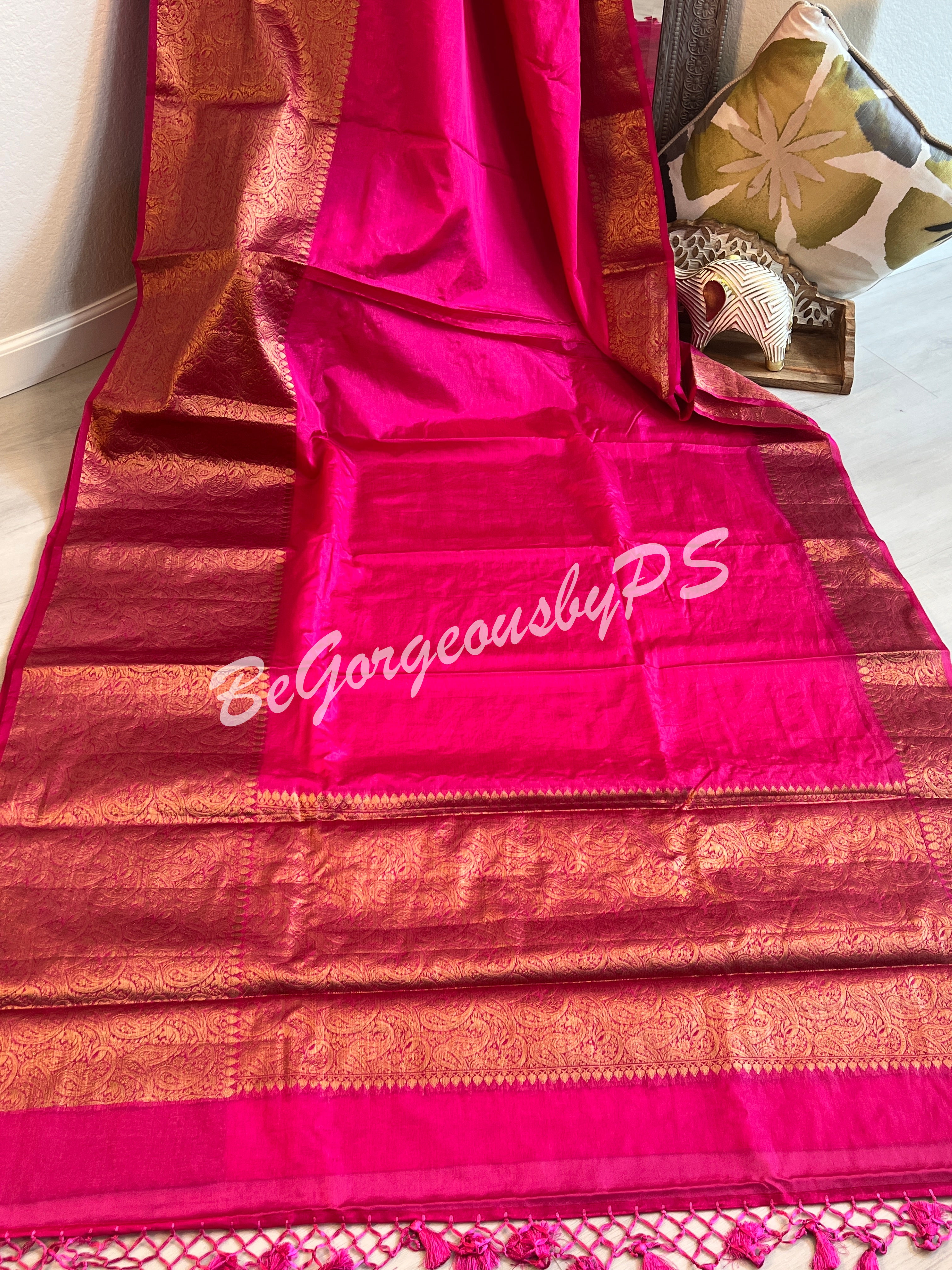 Dupion Silk banarasi woven saree Pink with stitched blouse