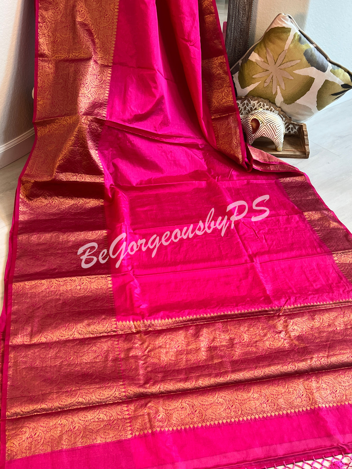 Dupion Silk banarasi woven saree Pink with stitched blouse