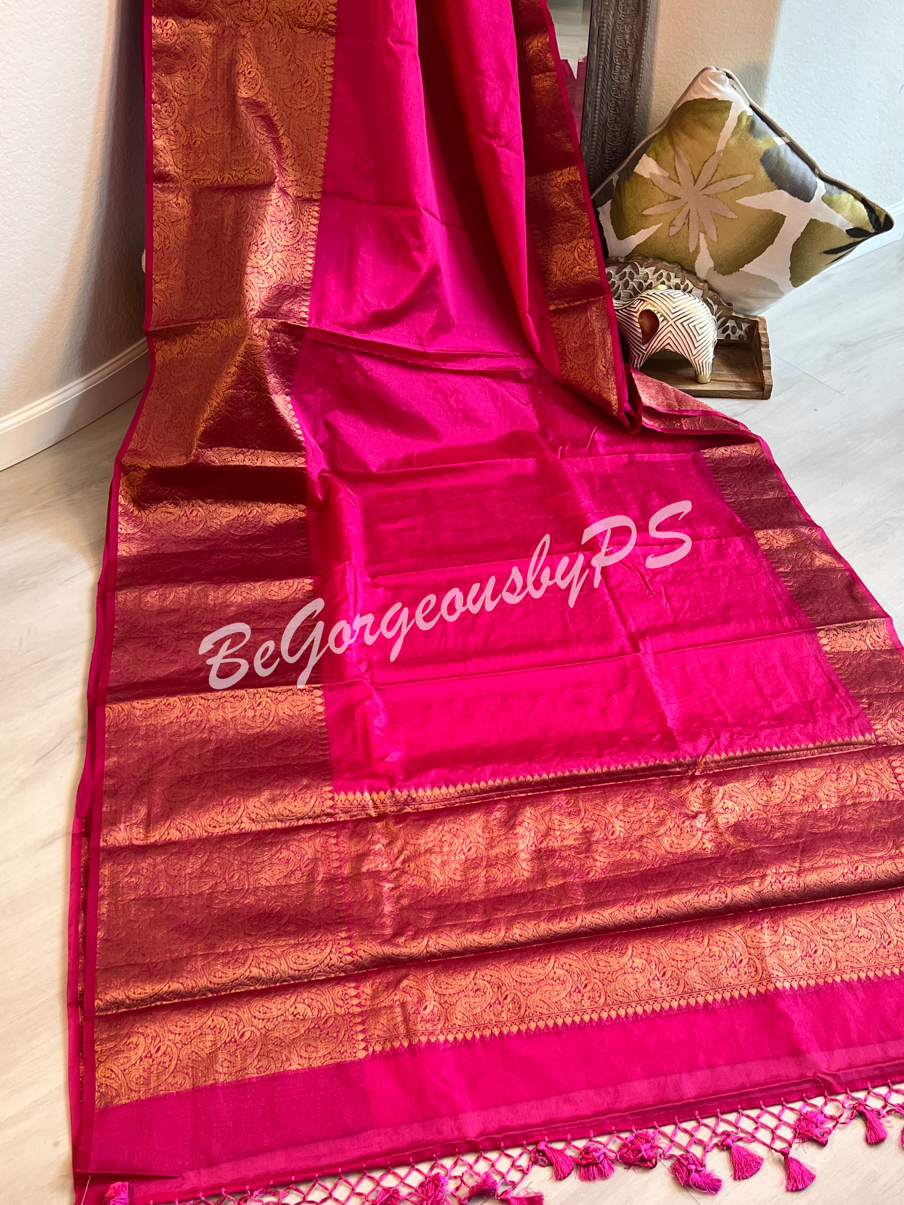 Dupion Silk banarasi woven saree Pink with stitched blouse