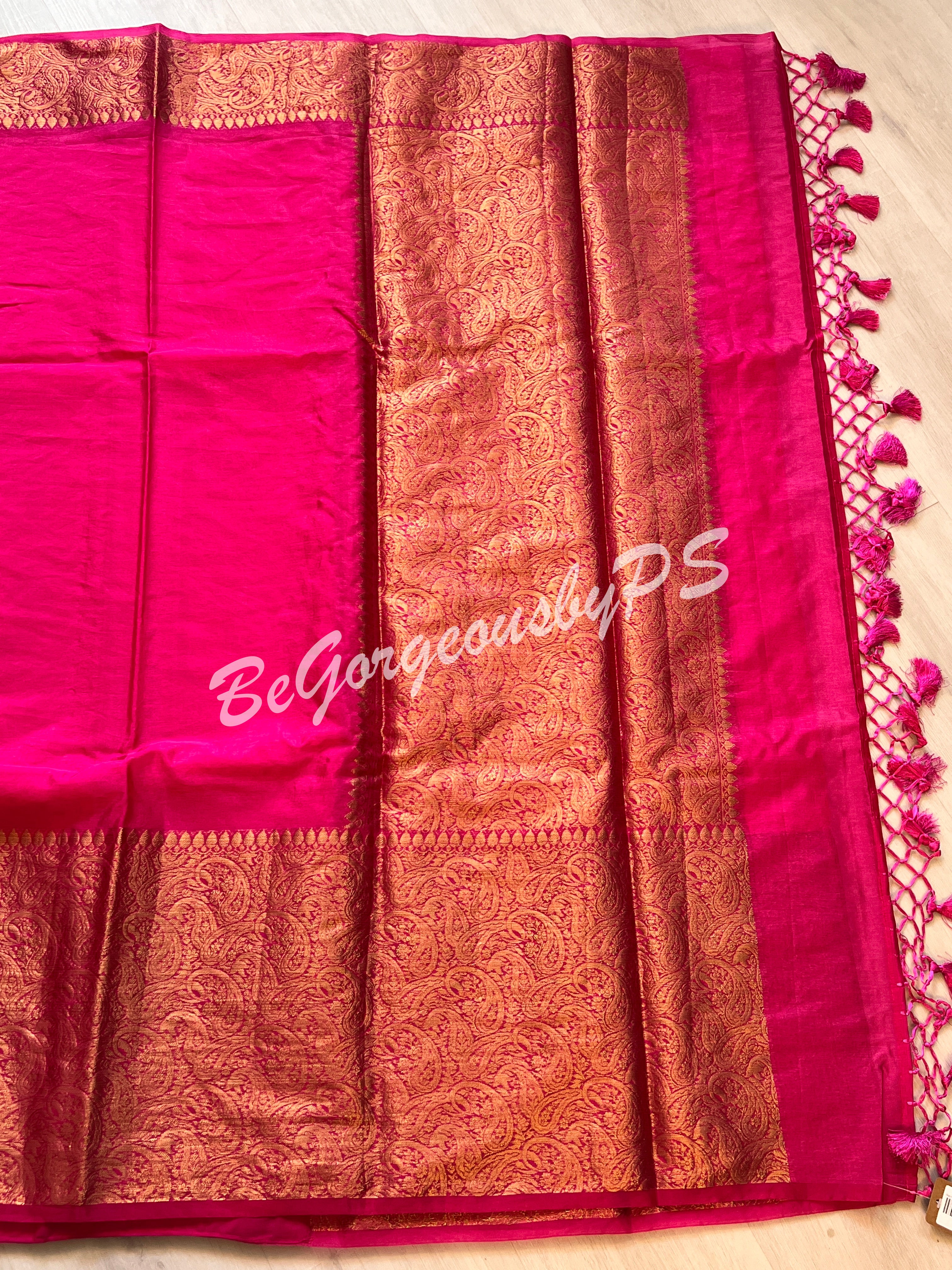 Dupion Silk banarasi woven saree Pink with stitched blouse