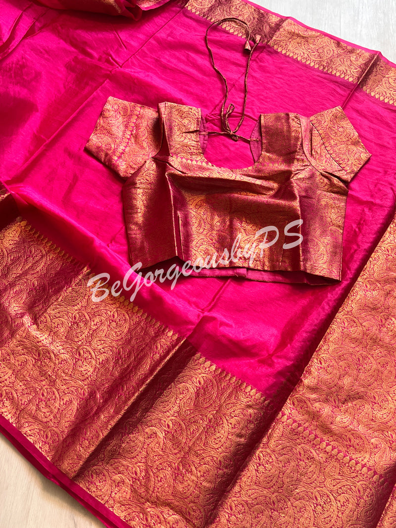 Dupion Silk banarasi woven saree Pink with stitched blouse