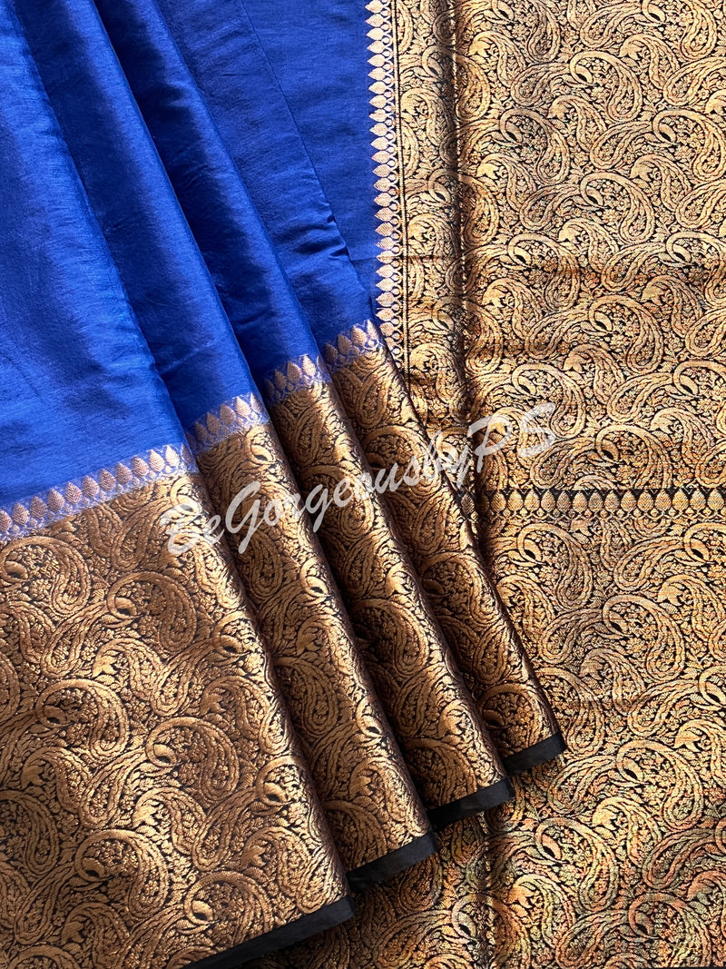 Dupion Silk banarasi woven saree Navy Blue with stitched blouse