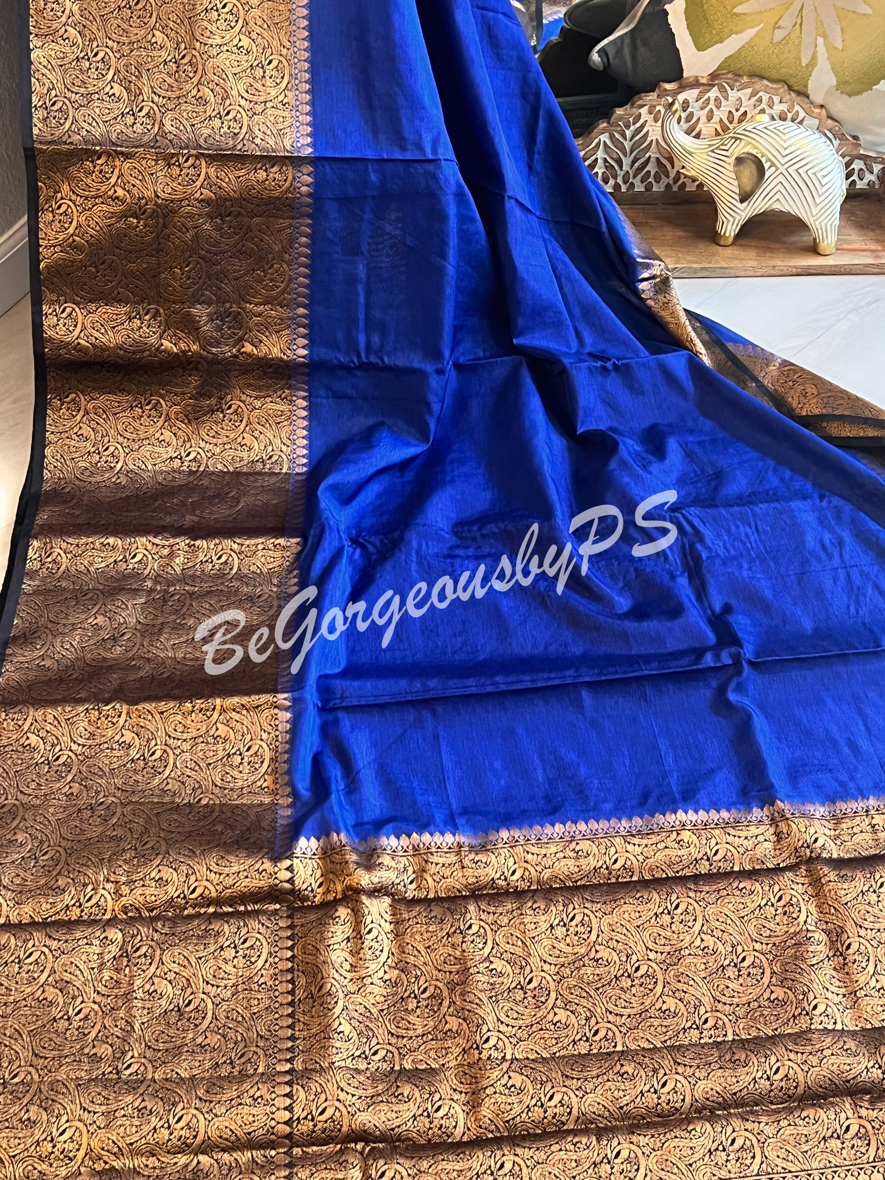 Dupion Silk banarasi woven saree Navy Blue with stitched blouse