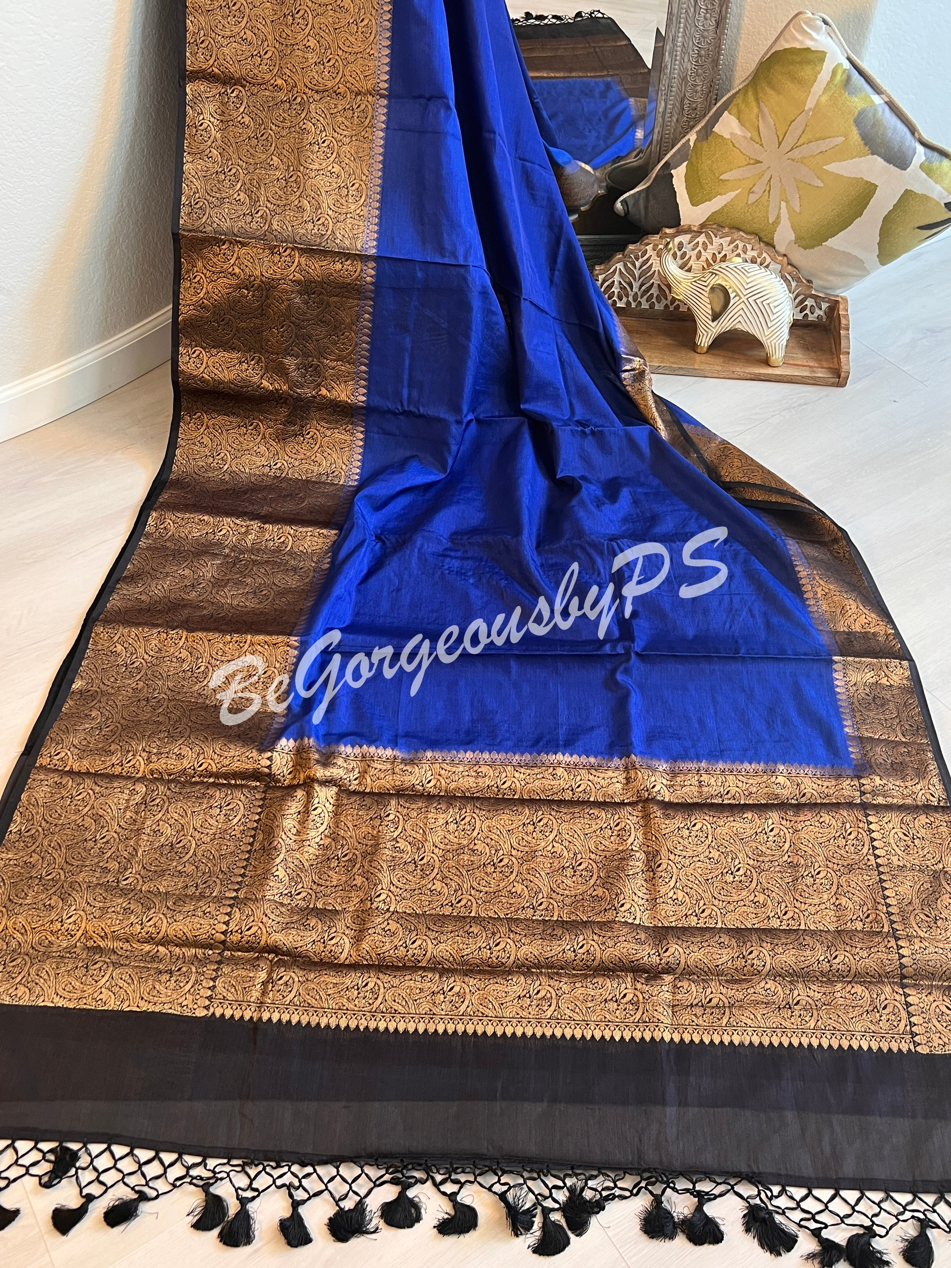 Dupion Silk banarasi woven saree Navy Blue with stitched blouse