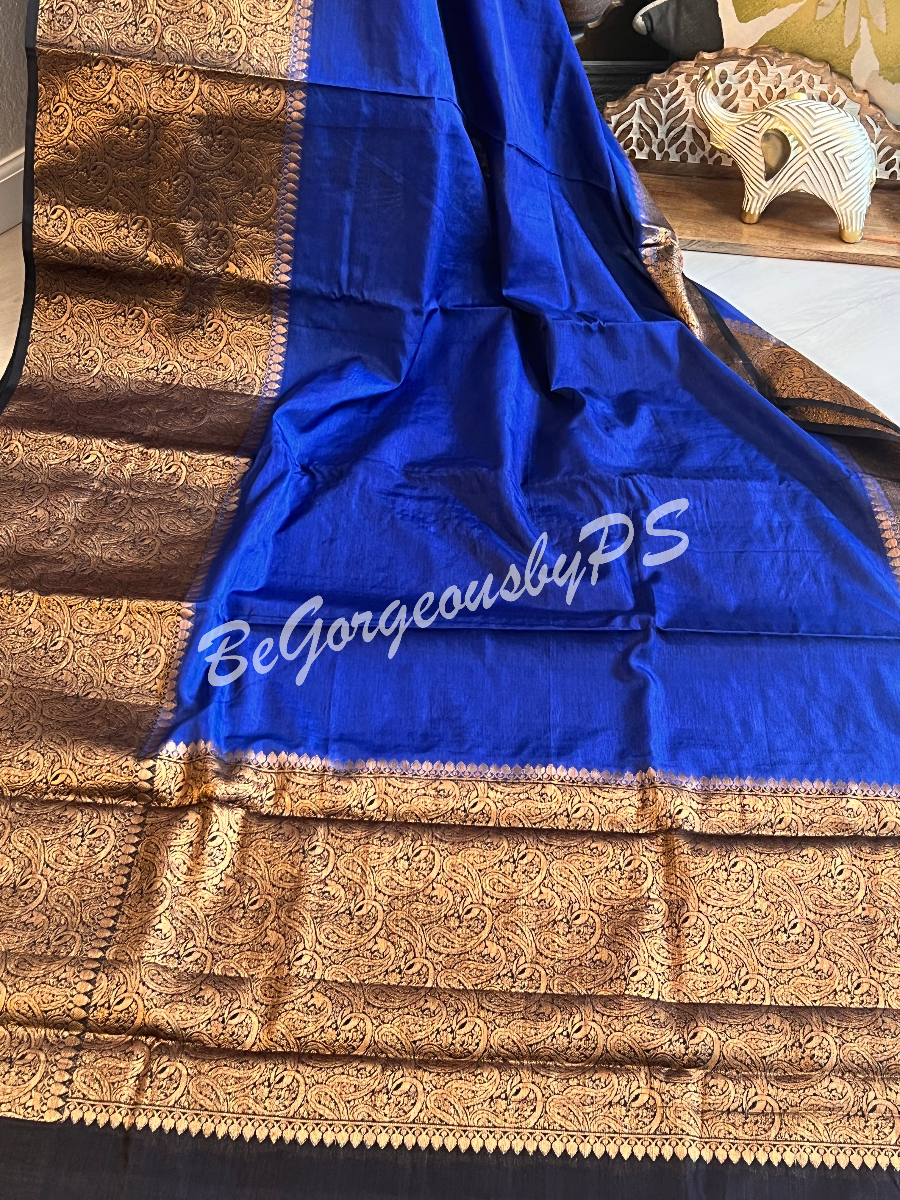 Dupion Silk banarasi woven saree Navy Blue with stitched blouse