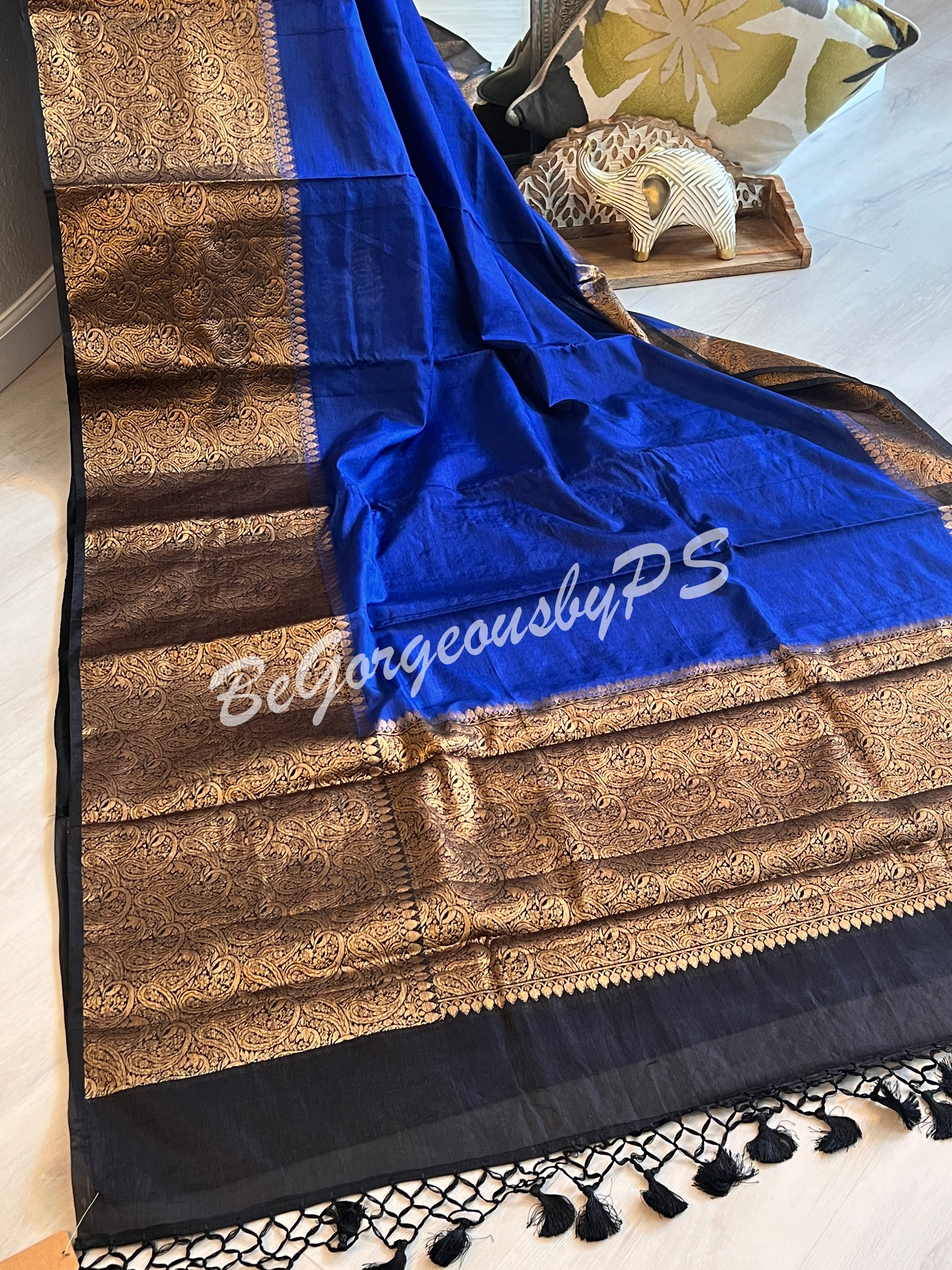 Dupion Silk banarasi woven saree Navy Blue with stitched blouse