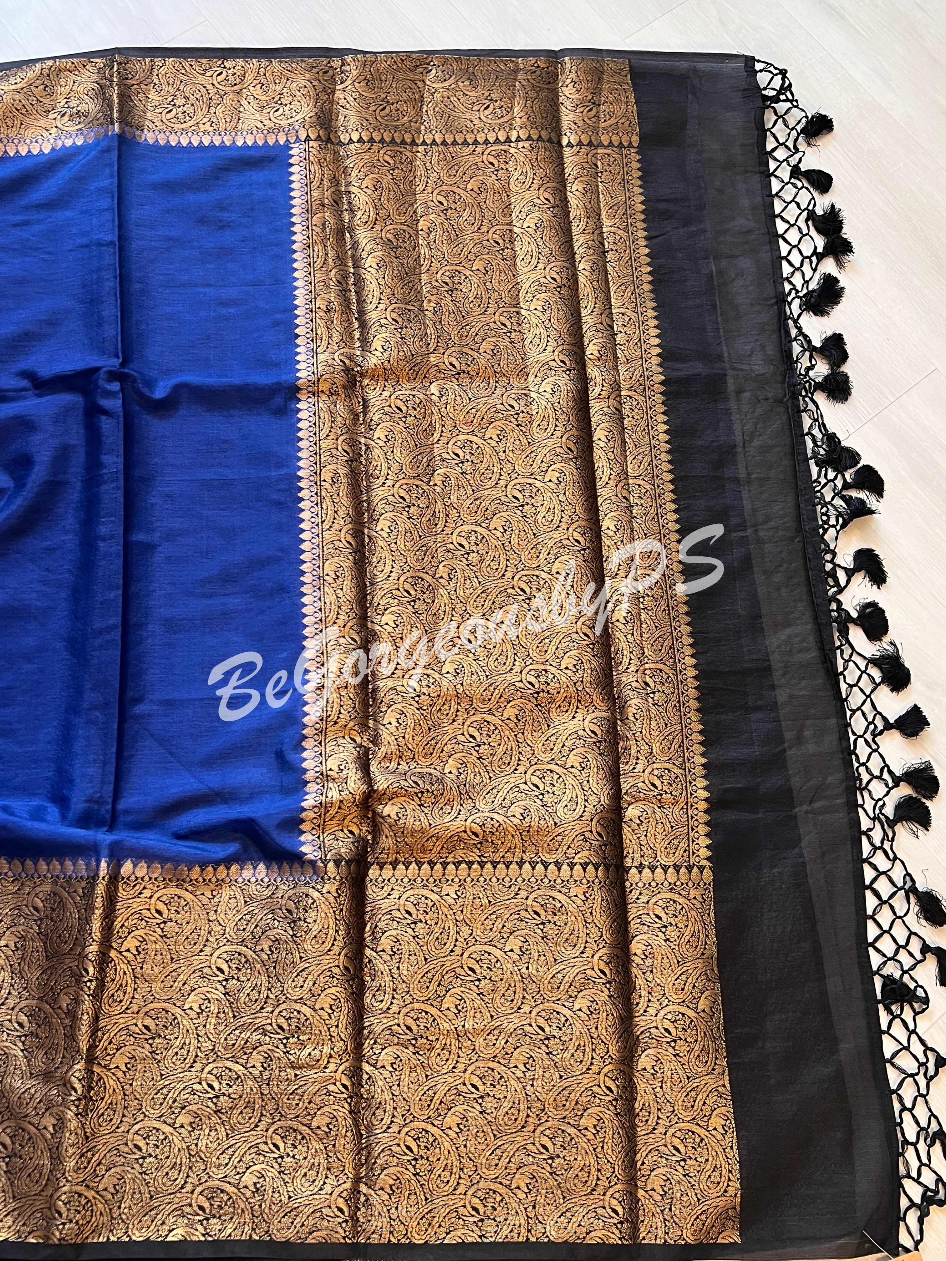 Dupion Silk banarasi woven saree Navy Blue with stitched blouse