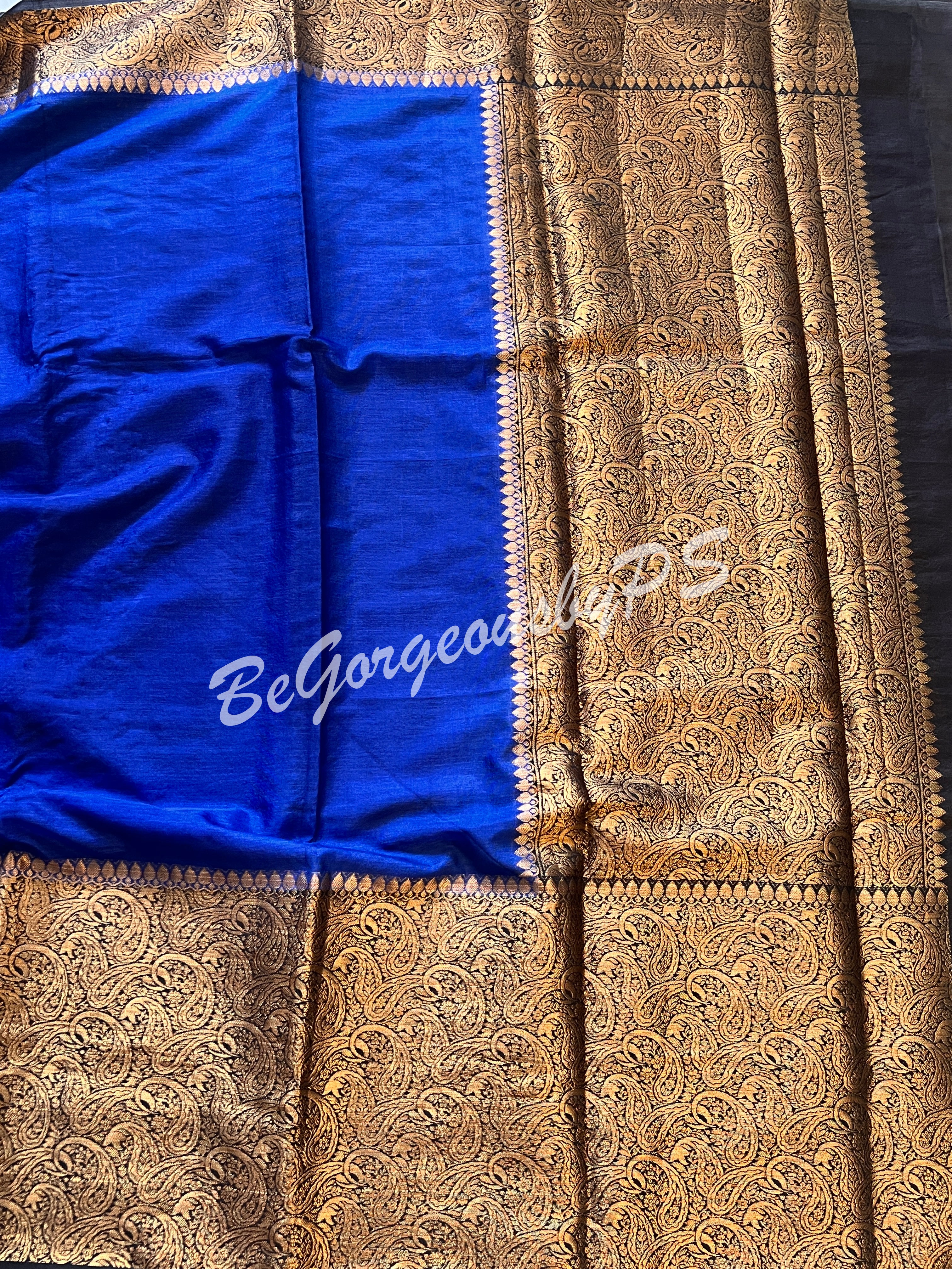 Dupion Silk banarasi woven saree Navy Blue with stitched blouse