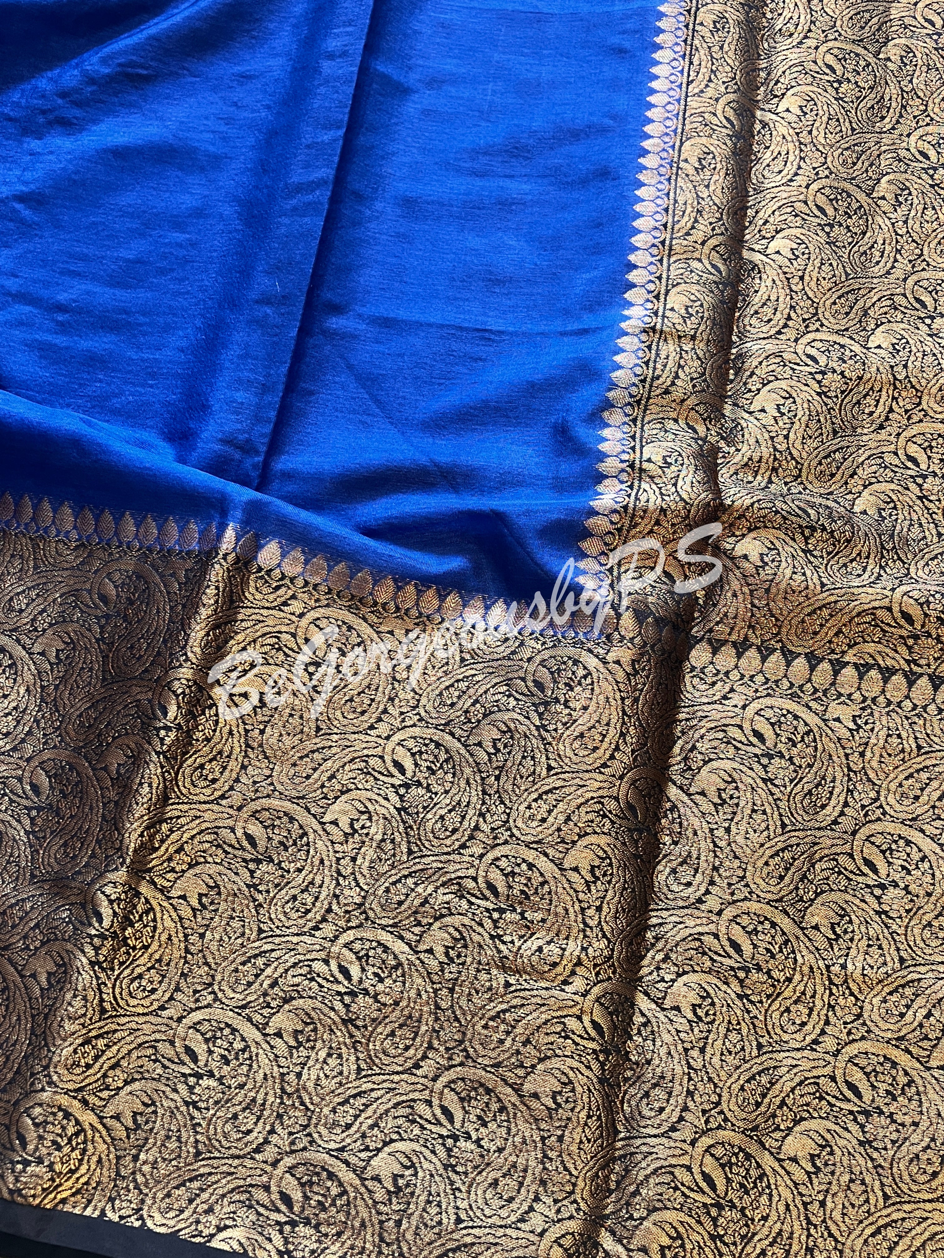 Dupion Silk banarasi woven saree Navy Blue with stitched blouse