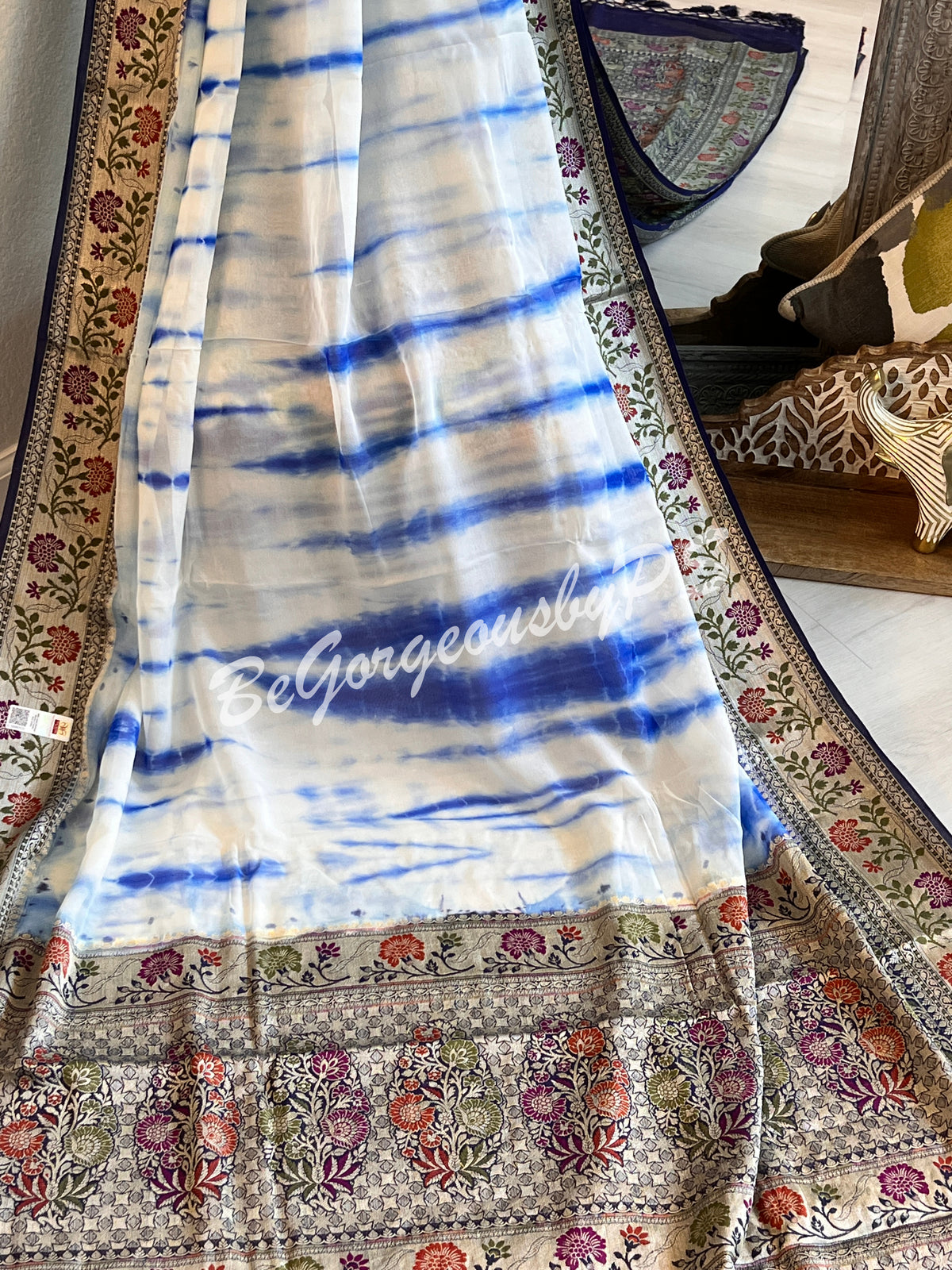 Banarasi Georgette silk shibori dyed gold zari weaved saree with stitched blouse dark blue