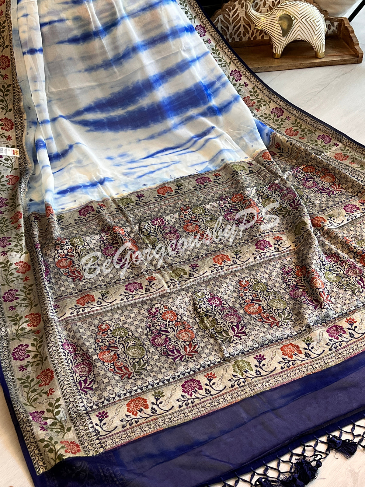 Banarasi Georgette silk shibori dyed gold zari weaved saree with stitched blouse dark blue