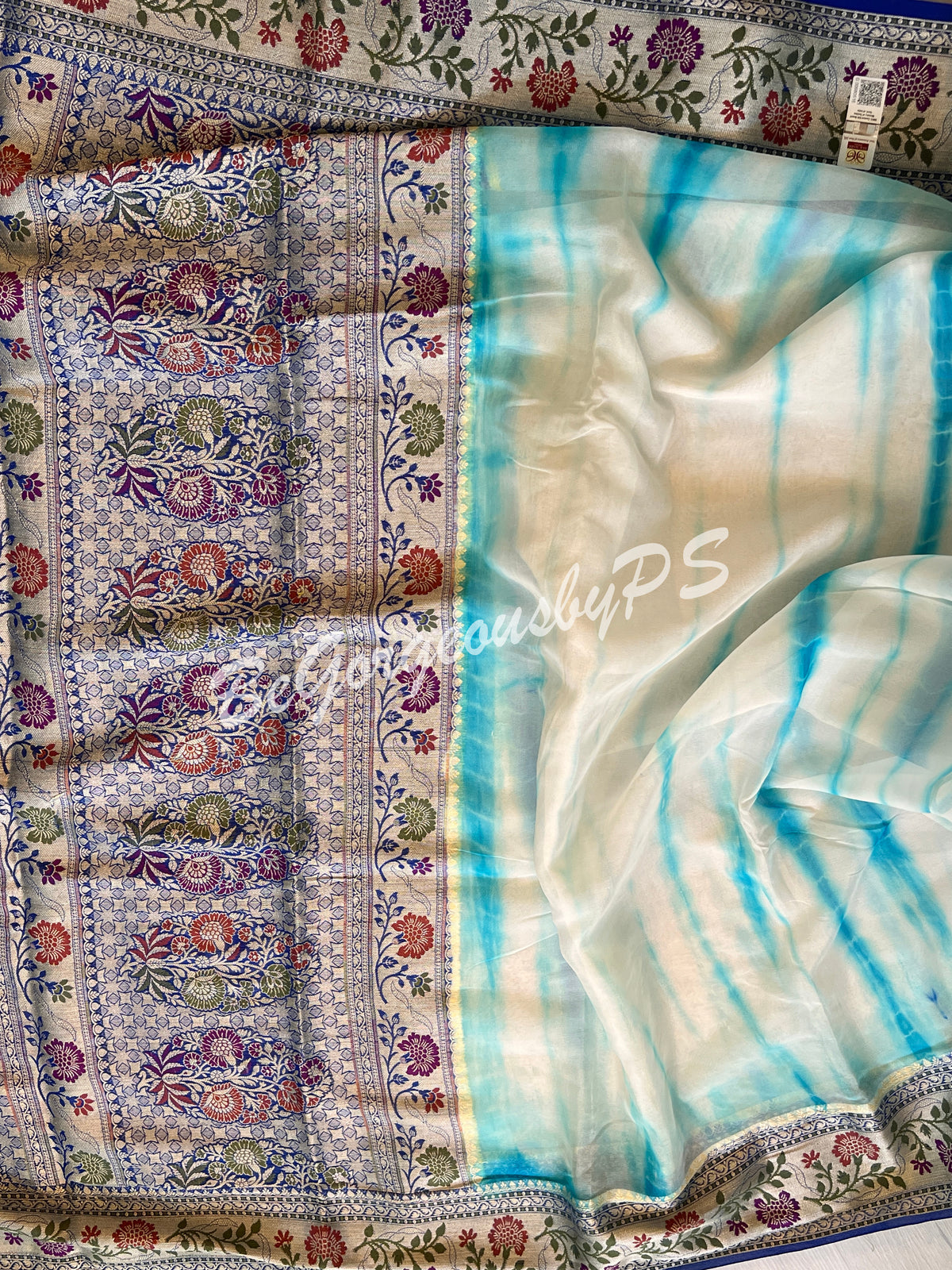 Banarasi Georgette silk shibori dyed gold zari weaved saree with stitched blouse sky blue