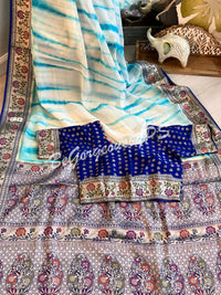 Banarasi Georgette silk shibori dyed gold zari weaved saree with stitched blouse sky blue