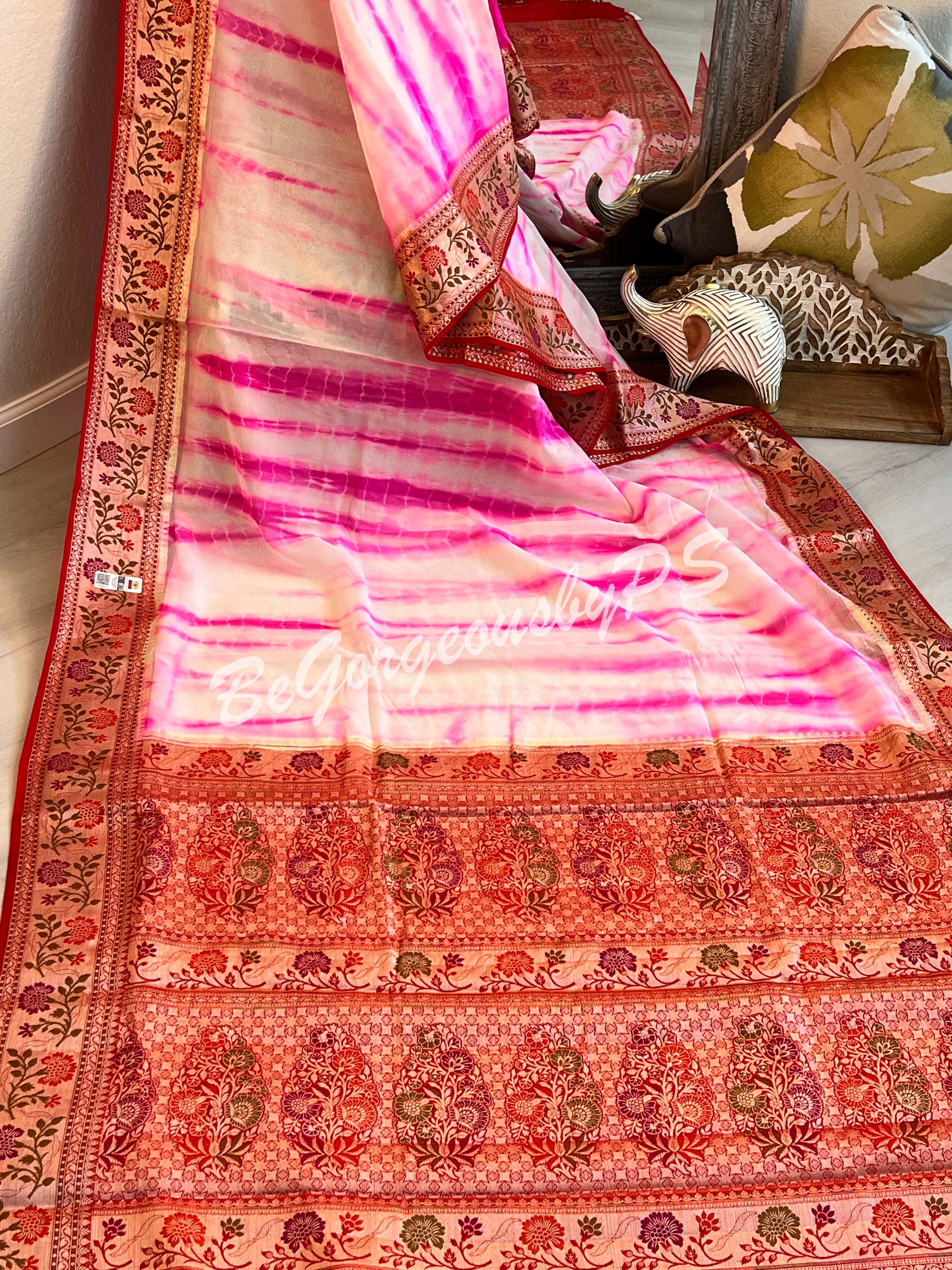 Banarasi Georgette silk shibori dyed gold zari weaved saree with stitched blouse pink