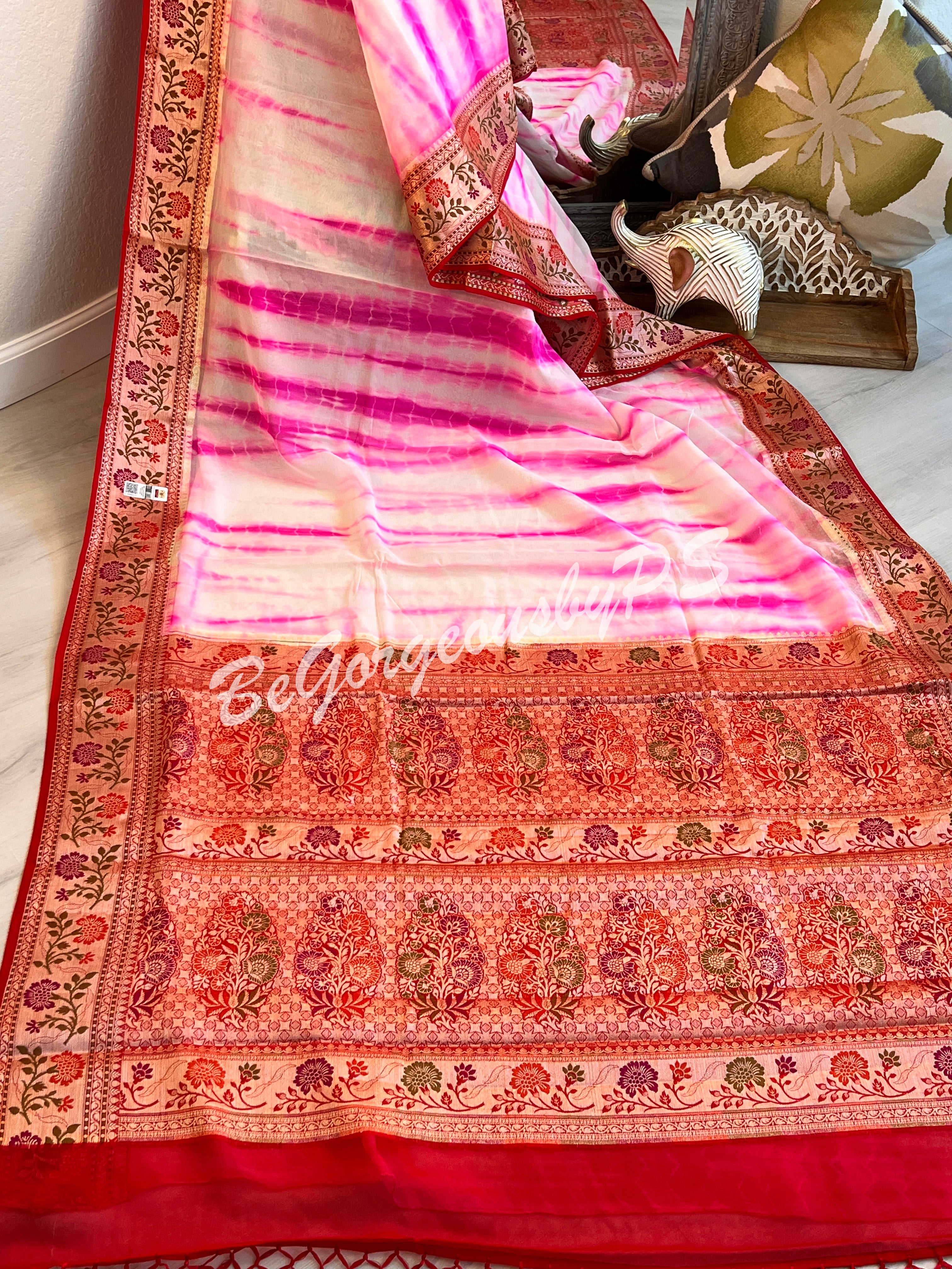 Banarasi Georgette silk shibori dyed gold zari weaved saree with stitched blouse pink